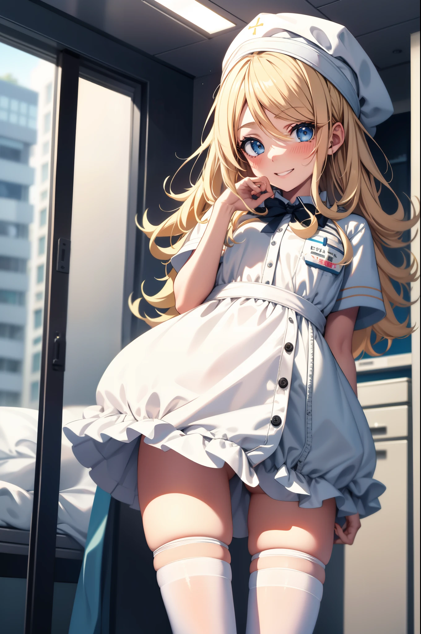 Kagamine rin , 1girl, traje de enfermera, Gorra de enfermera, Desgaste blanco, ((Legwear blanco, Zettai Ryouiki)), Guantes blancos, cabello rubio, ojos azules, labios rosados, They are smiling, En pie, ((hospital room)), sharp outline, manga corta, La mejor calidad, Obra maestra