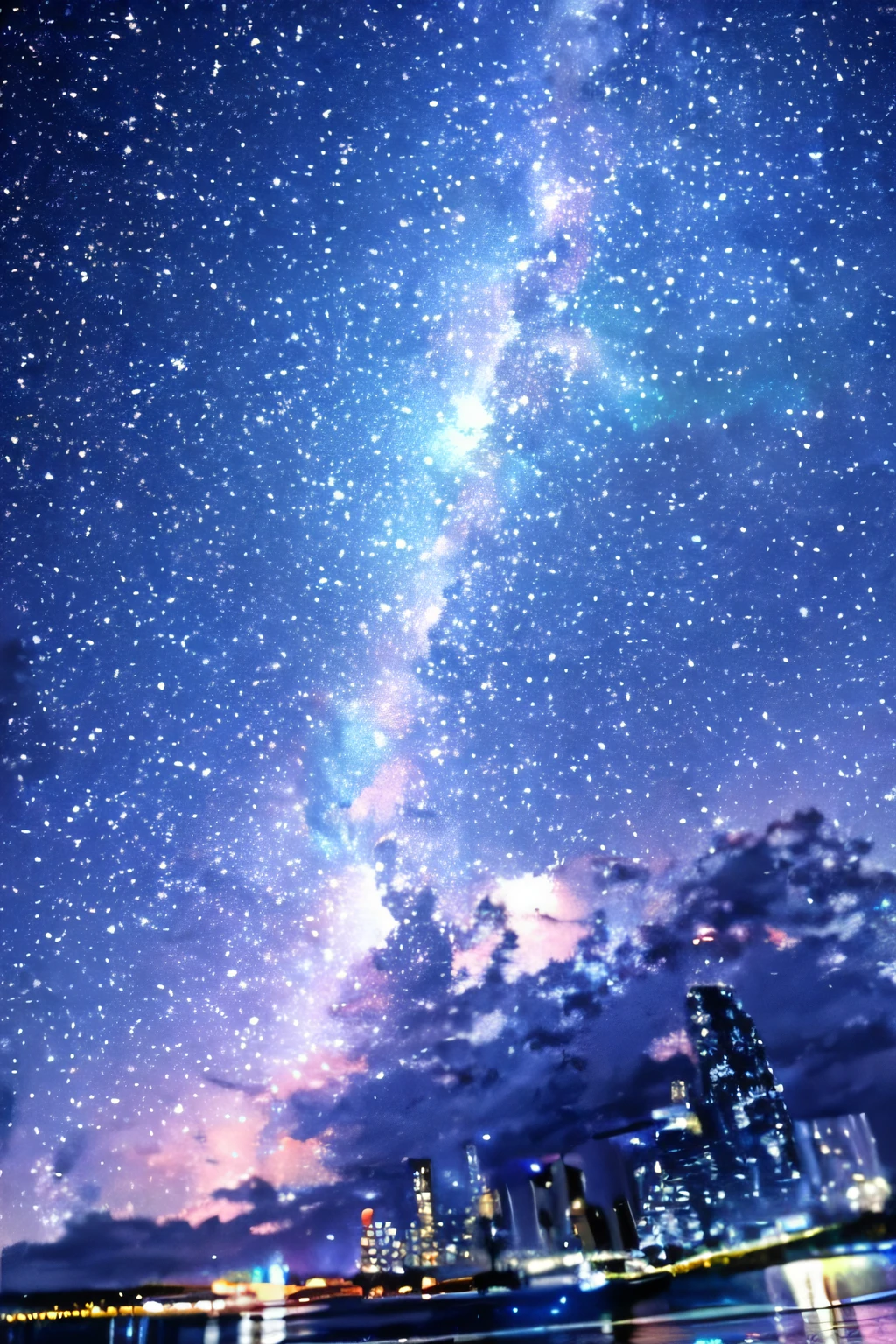 starry sky, rain, comic, highres, outdoors, landscape, blurry, skyscraper