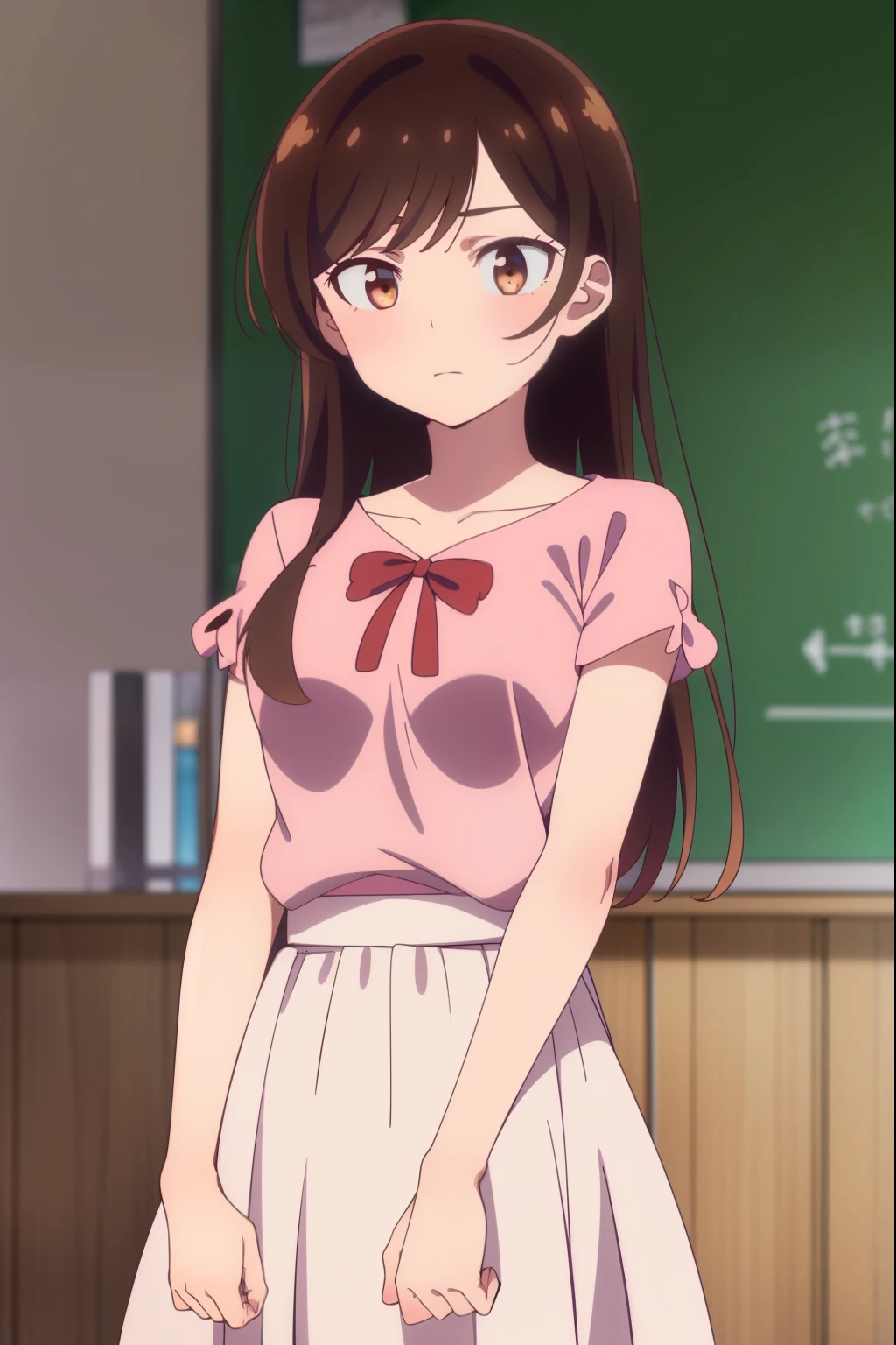 1girl, alone, Mizuhara Chizuru, (brown eyes: 1.5), brown hair, long hair, (one side up: 1.2), BREAK bare shoulders, clavicle, Pink shirt, puffy short sleeves, puffy sleeves, red bow, shirt, short sleeve, skirt, white skirt, REST indoors, classroom, REST looking at the viewer, BROKE (Masterpiece:1.2), Best Quality, High Resolution, Unity 8K Wallpaper, (artwork:0.8), (Beautiful Detailed Eyes:1.6), Extremely Detailed Face, Perfect Lighting, Extremely Detailed CG, (Perfect Hands , Perfect anatomy),