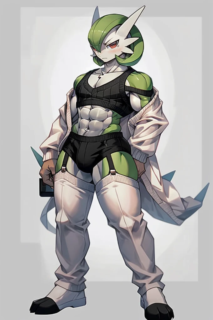 masterpiece, best quality, full body, Solo, male focus, (masculine), furry, pectorals, pectoral cleavage, muscular, sidepec, (wide hips), huge ass, ((Gardevoir)), ((pokemon)), (off-shoulder suit), (sweater crop top), (thigh high lingerie)
