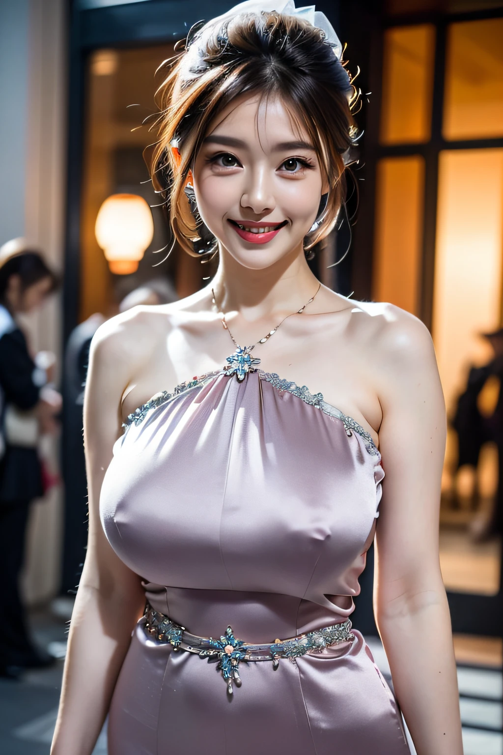 ((The Ultimate Beautiful Japan Married Woman))、Mature、Beautiful facial features、(Big eyes:1.3), Brown-eyed、Detailed lips, inely detailed beautiful eyes, Double eyelids, long eyeslashes、(Huge breasts), (Curve), cparted lips, Beautiful teeth alignment, red blush, a captivating gaze、Seductive smile, (brunette hair up), (Sexy short silk dress with perfect fit), Futomo, sexy pose, 细致Background with, Background with: (celebrity mansion)、Realistic backgrounds and accessories、((Cowboy Shot))、(Advanced depth of field)、((masterpiece))、((top-quality))、a picture、Realisticity、Photorealsitic、high-level image quality、ultra-detailliert、Realistic lighting, realisitic