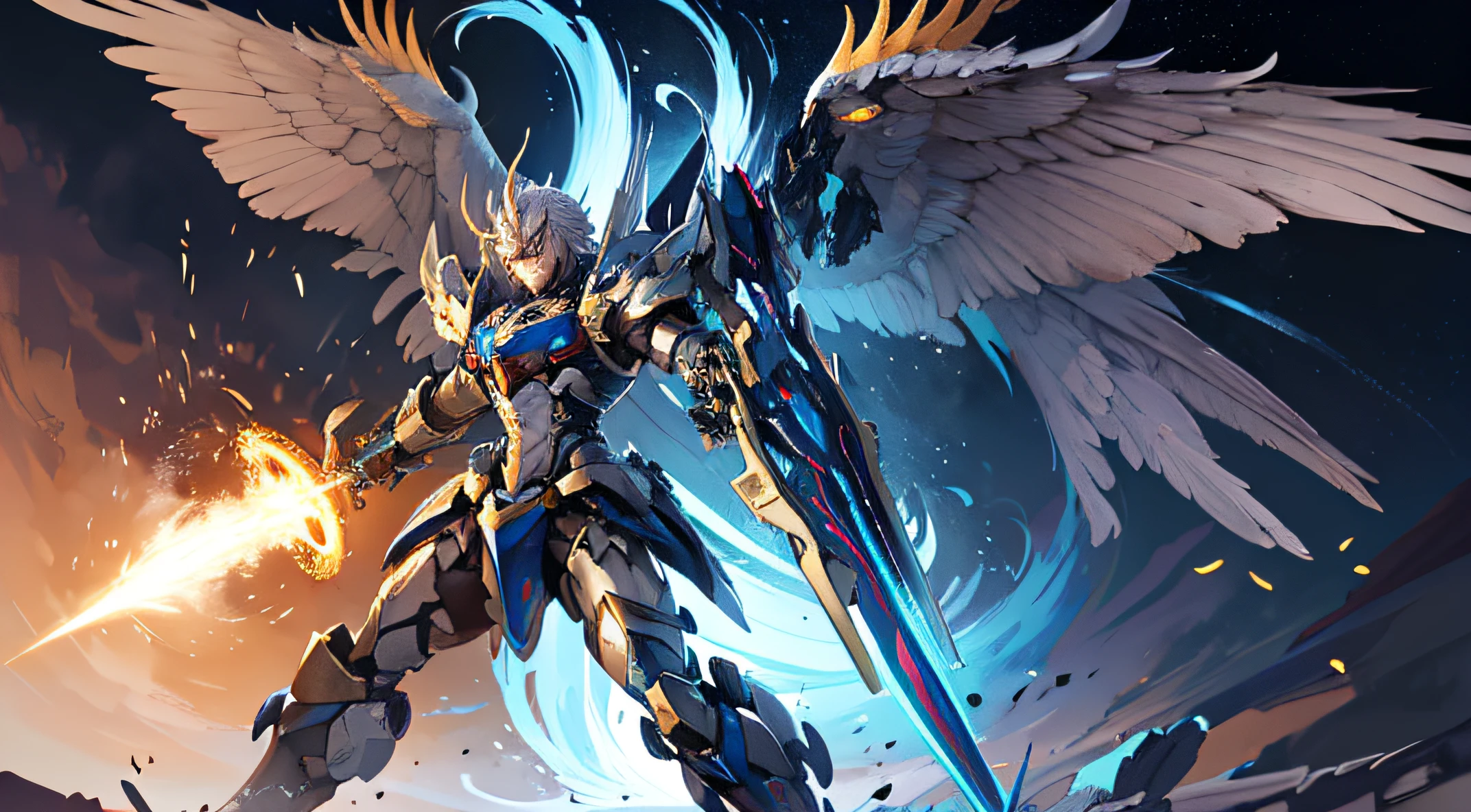 (The figure is a young man, short silver hair, wearing golden armor with an energy core in the chest), (the armor has layers, the body is clearly visible), (he stands in front of a mecha), (huge mecha , light blue armor, horned head, lion-shaped chest armor, many detailed pieces, rocket wings, wielding sword)