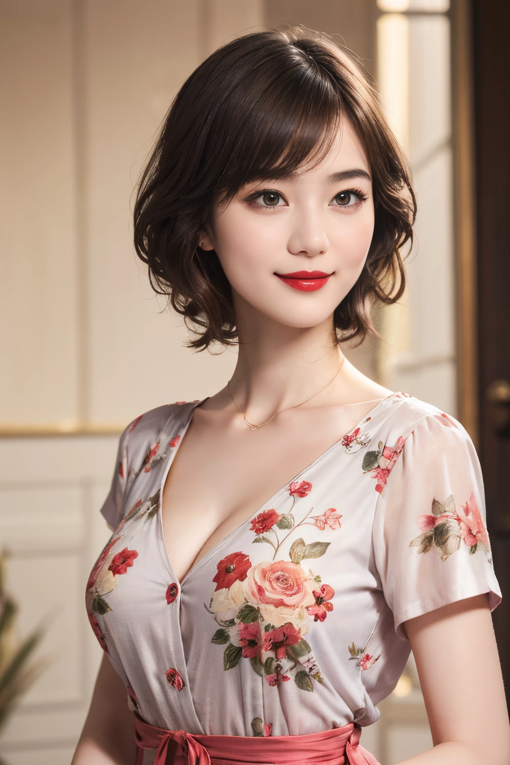 109
(a 20 yo woman,is standing), (A hyper-realistic), (high-level image quality), ((beautiful hairstyle 46)), ((short-hair)), (Gentle smile), (Keep your mouth shut), (lipsticks), (breasted:1.1), Floral clothing