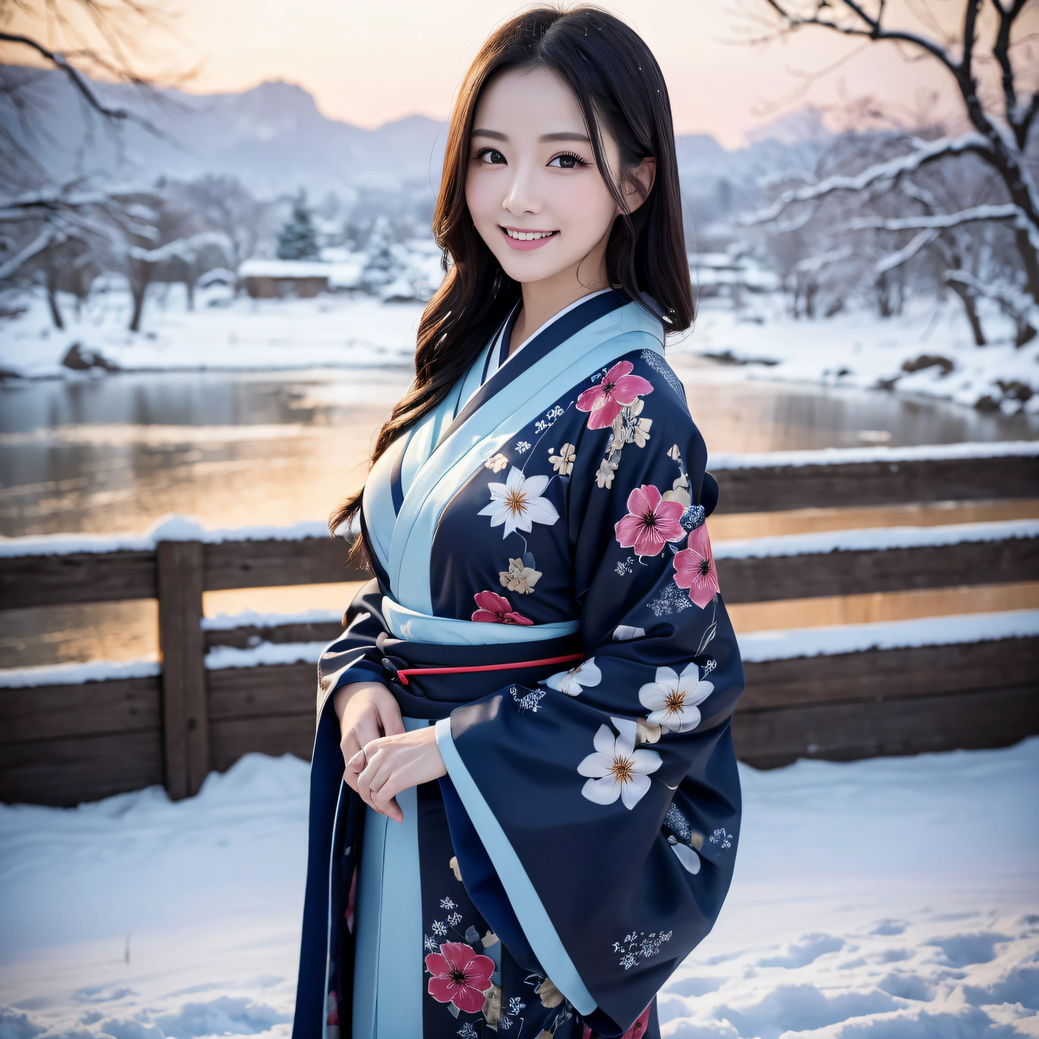 (Super beautiful woman in kimono)、((best qualtiy、8k masterpieces:1.3))、foco nítido:1.2、(ultra beautiful faces:1.0)、(shinny skin:1.0)、photos realistic、A dark-haired、Video Lighting、High-definition eyes and face、Video Lighting、Japanese actressl、from the front side、medium breasts、With a happy smile、Slender Abs Beauty、Whole body、wearing kimonos、In a snowy landscape in the middle of winter、highest grade obi