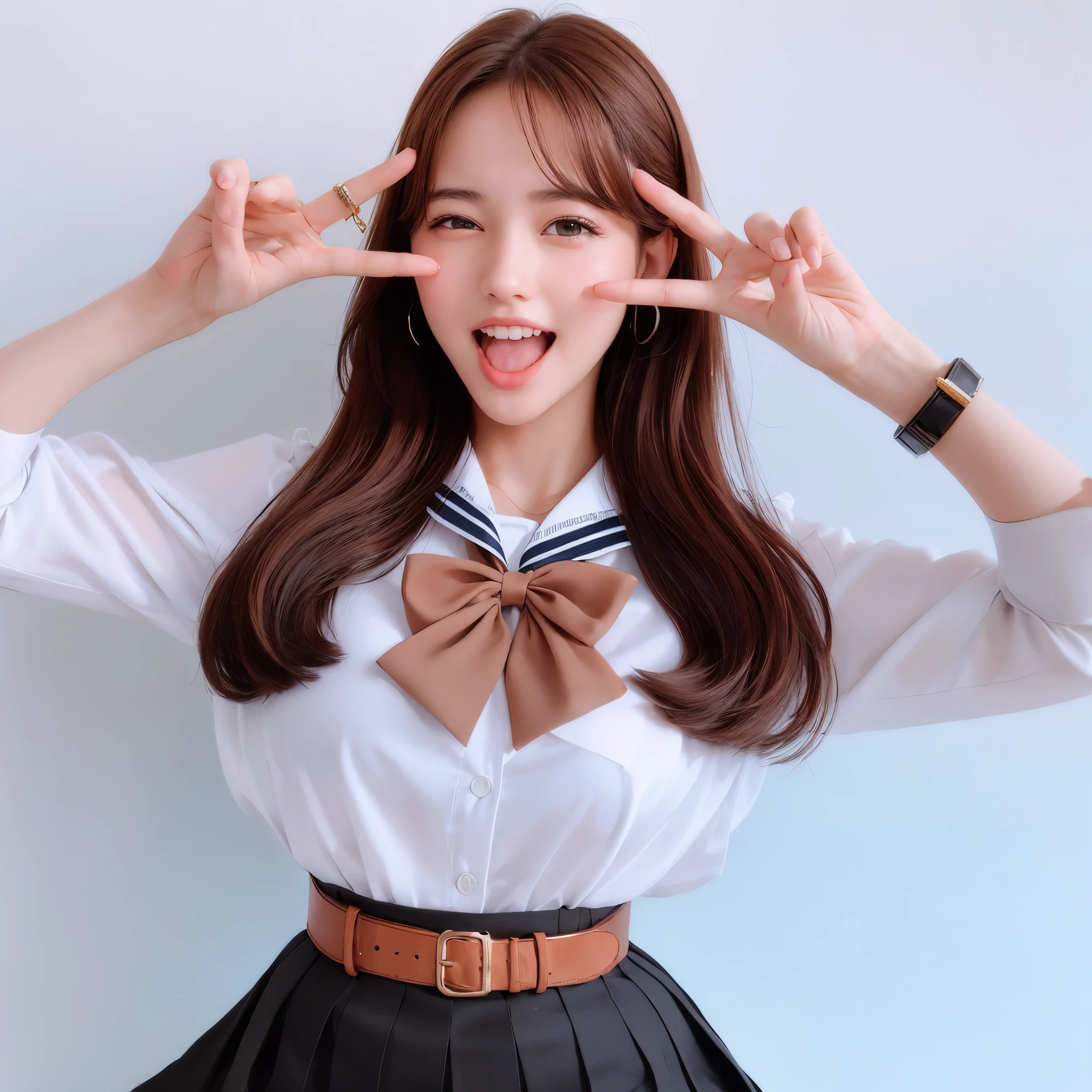 10, bestquality, Real picture, intricate detailed, ultra-detail, ultra highres, deep depth of field,(photorealistic portrait,Realistic:1.2),masterpiece, 0.25 :: close up shot , straight shot , From middle ,
1girls,  .ai_Chan, Very beautiful girl , Innocent big eyes., (Brown_short_hair), (Green_eye:1.0),(bangs),disheveled hair,(Hair clip), perfect shiny skin, Flawless skin, Fair-skinned, enormous breasts, cleavage, narrow waist, Soft blush, bara, looking at the audience, light smile,
Fat nipples under clothes, Sweat,
wearing ((schools_uniform), (white_skirts),(Blue_long_Tie), (Blue_frills_skirts), (black_tights) :1.2), 
(Carving posture :1.1),
sunset ,
High schools in Japan ,