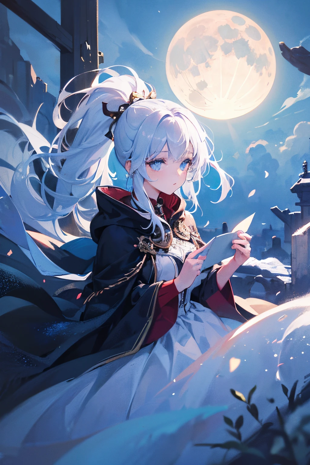 Masterpiece, (Best quality: 1.2), (Super fine: 1.2), illustration, (Extremely delicate and beautiful: 1.2), Film angle, Floating, (beatiful detailed eyes: 1.1), (Detail light: 1.1), film lights, Exquisite sky, woman, White hair, Blue eyes, (High ponytail: 1.1), Cloak, Glowing eyes, (Moon: 1.2), (Moonlight: 1.1), Starry sky, (Light particles: 1.1), Heavy fog , Snow painting, sketching, full bloom