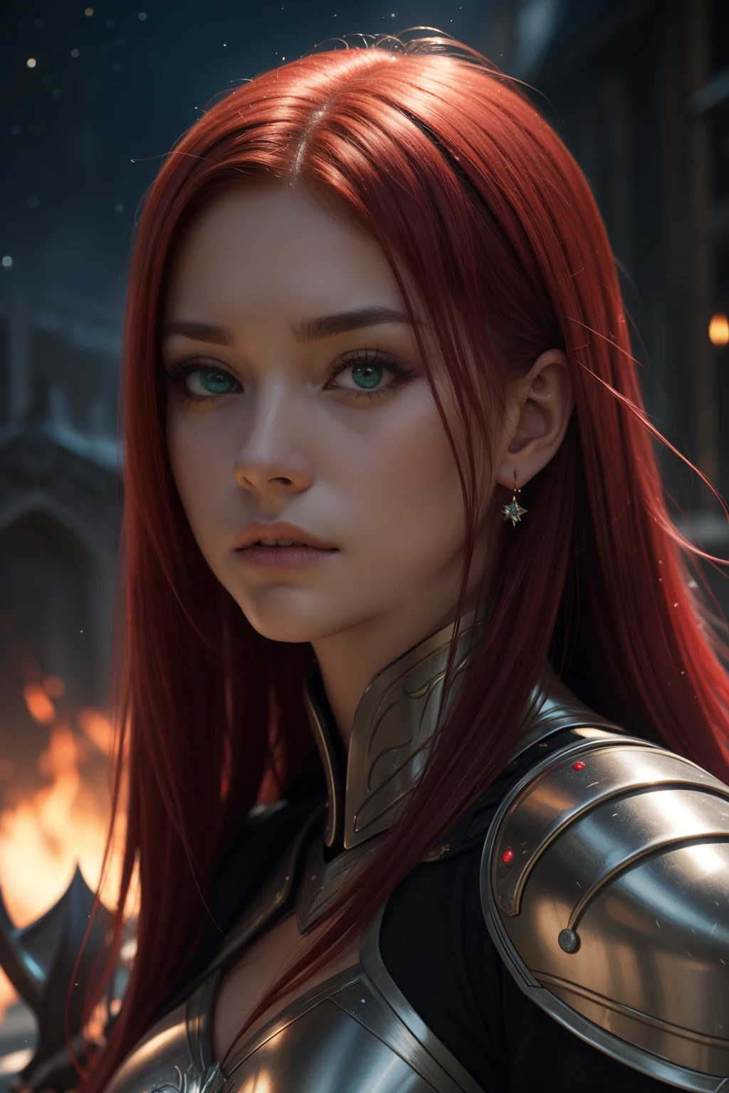 best quality,ultra-detailed,(realistic:1.37),Erza Scarlet,red hair,green eyes,serious expression,beautiful detailed eyes,beautiful detailed lips,longeyelashes,fairy tail,guild mark,red armor,swordswoman,magic user,dragon slayer,Starry Sky Armor,scarlet color palette,strong and confident,medieval fantasy,fierce battle scene,dynamic pose,fiery background,captivating art style,vivid colors,strong lighting,bokeh