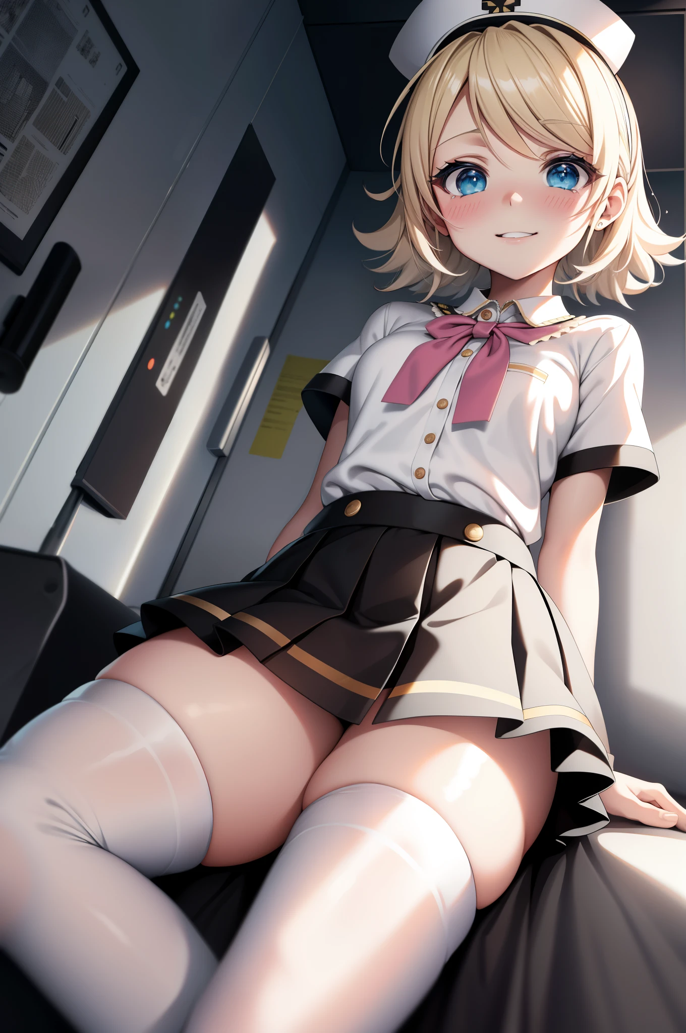 Kagamine rin , 1girl, traje de enfermera, Gorra de enfermera, Desgaste blanco, ((Legwear blanco, Zettai Ryouiki)), Guantes blancos, cabello rubio, ojos azules, labios rosados, They are smiling, En pie, ((hospital room)), sharp outline, manga corta, La mejor calidad, Obra maestra