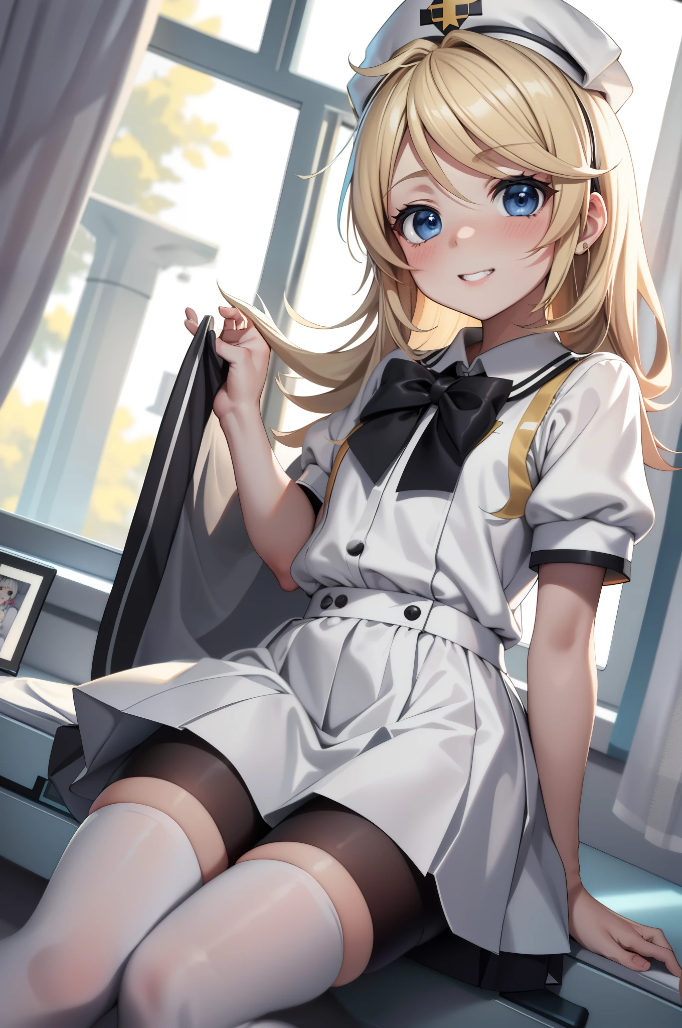 Kagamine rin , 1girl, enfermera, Gorra de enfermera, Desgaste blanco, ((Legwear blanco, Zettai Ryouiki)), Guantes blancos, cabello rubio, ojos azules, labios rosados, They are smiling, En pie, ((hospital room)), sharp outline, manga corta, La mejor calidad, Obra maestra