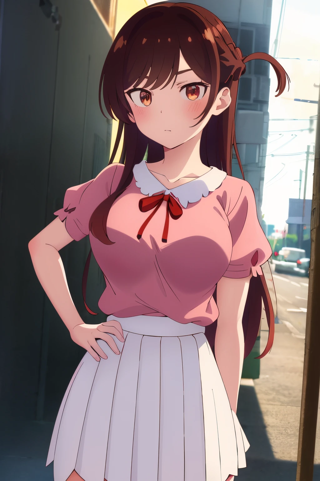 Masterpiece, Best Quality, High Resolutions, chi1, 1girl, single, Long hair, braid, one side up, only, white skirt, red ribbon, Pink shirt, pleated skirt, bangs, Neckband, short puffy sleeves , Cowboy shot, street, Hand on hip, large breasts, medium waist, wide hips, Medium thighs