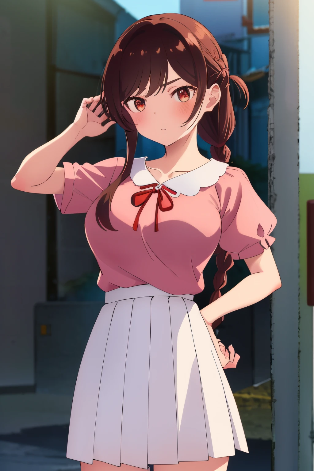 Masterpiece, Best Quality, High Resolutions, chi1, 1girl, single, Long hair, braid, one side up, only, white skirt, red ribbon, Pink shirt, pleated skirt, bangs, Neckband, short puffy sleeves , Cowboy shot, street, Hand on hip, large breasts, medium waist, wide hips, Medium thighs