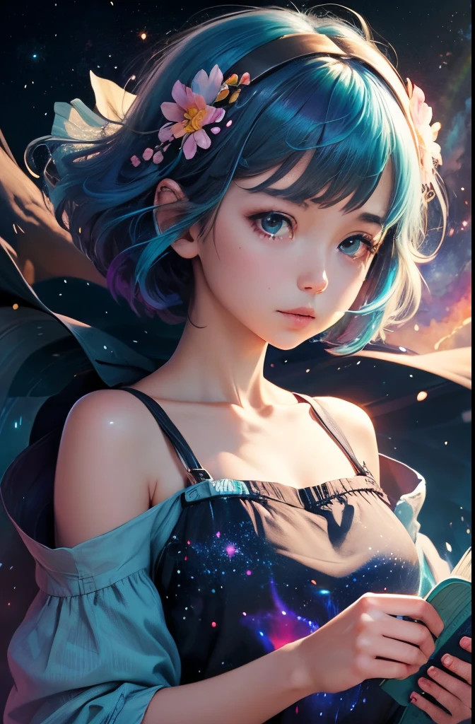 "((Milky Way)) A scene depicting an alien girl surrounded by clouds, Vibrant colors, and delicate flowers, Imaginative compositions that spark the viewer’s curiosity"