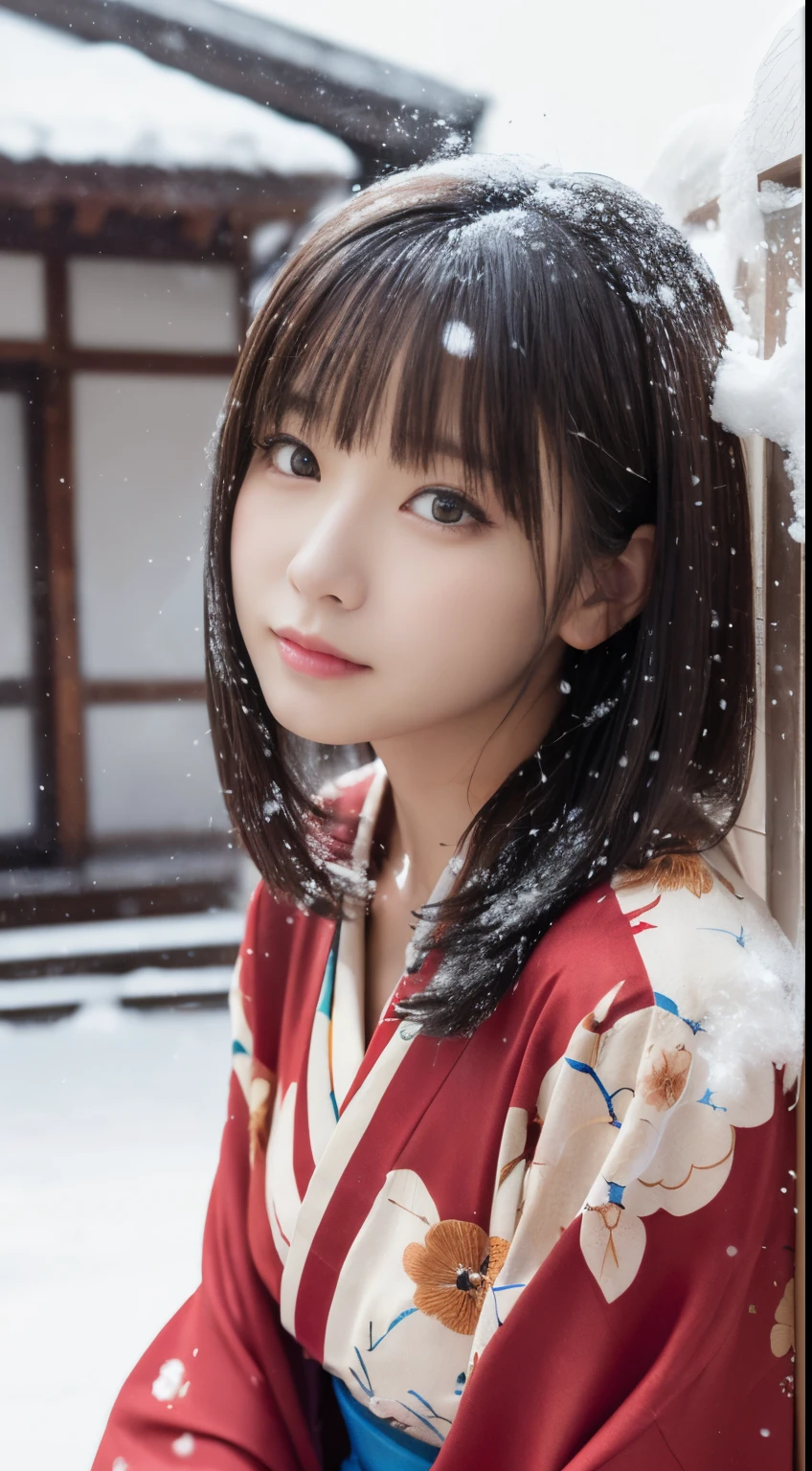 (Kimono)、、(top-quality,​masterpiece:1.3,超A high resolution,),(ultra-detailliert,Caustics),(Photorealsitic:1.4,RAW shooting,)Ultra-realistic capture,A highly detailed,high-definition16Kfor human skin、 Skin texture is natural、、The skin looks healthy with an even tone、 Use natural light and color,One Woman,japanes,,kawaii,A dark-haired,Middle hair,(depth of fields、chromatic abberation、、Wide range of lighting、Natural Shading、)、、(Falling snow:1.3)、(Hair swaying in the wind:1.2)、(Snow reflects light:1.3)
