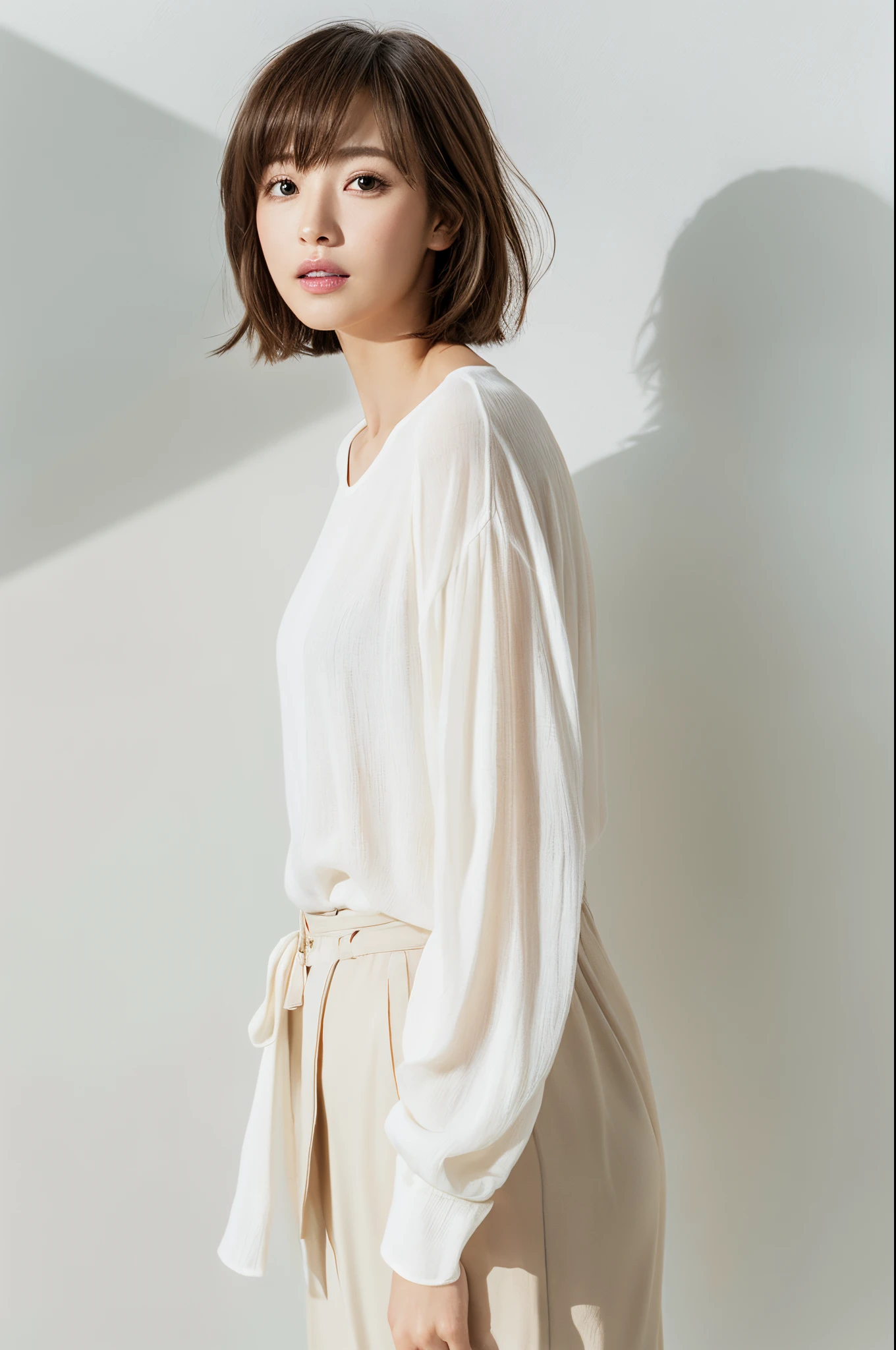 ((masterpiece,top-quality)), (photographrealistic:1.4),((masutepiece,8K)),hight resolution,Studio Soft Light, Rim Lights, vibrant detail, realistic skin textures,Japanese, 1 beautiful woman, short Hair, wave hair, faint thin bangs, make - up, 38 years old, Detailed skin, long-sleeve tunic blouse, wide-leg pants, Standing, White background, White Room,white walls, fully body photo, looking at viewer