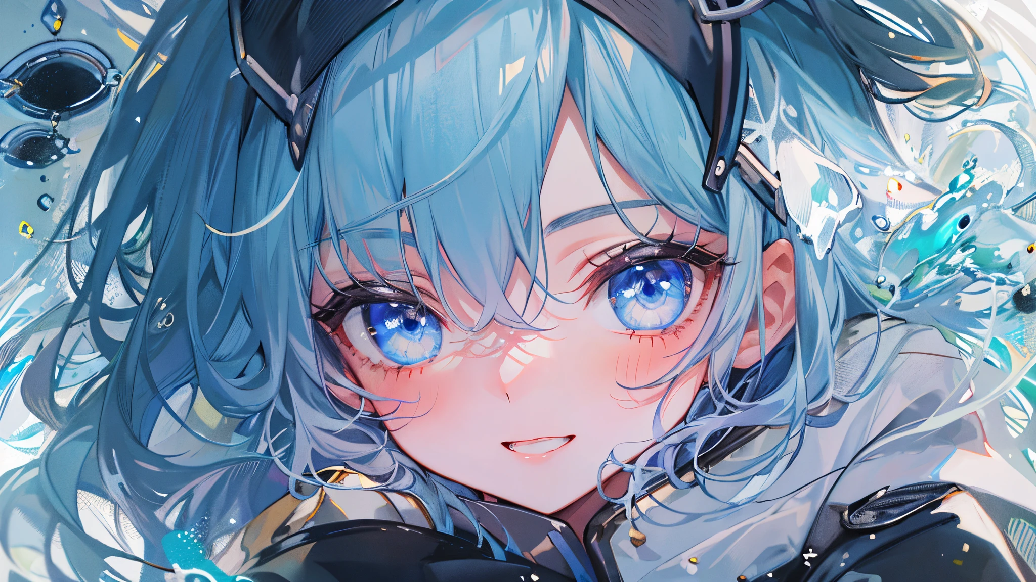 ((top-quality)), ((masterpiece)), ((ultra-detailliert)), (extremely delicate and beautiful), girl with, 独奏, cold attitude,((Black jacket)),She is very(relax)with the(Settled down)Looks,A dark-haired, depth of fields,evil smile,Bubble, under the water, Air bubble,bright light blue eyes,Inner color with light blue hair and dark blue tips,Cold background,Bob Hair - Linear Art, shortpants、knee high socks、White uniform like school uniform、Light blue ribbon ties、Clothes are sheer、Hands in pockets