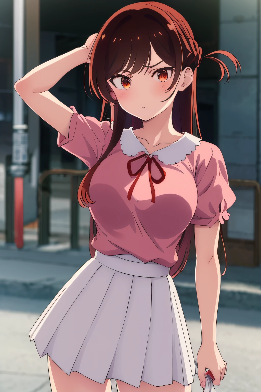 Masterpiece, Best Quality, High Resolutions, chi1, 1girl, single, Long hair, braid, one side up, only, white skirt, red ribbon, Pink shirt, pleated skirt, bangs, Neckband, short puffy sleeves , Cowboy shot, street, Hand on hip, large breasts, medium waist, wide hips, Medium thighs