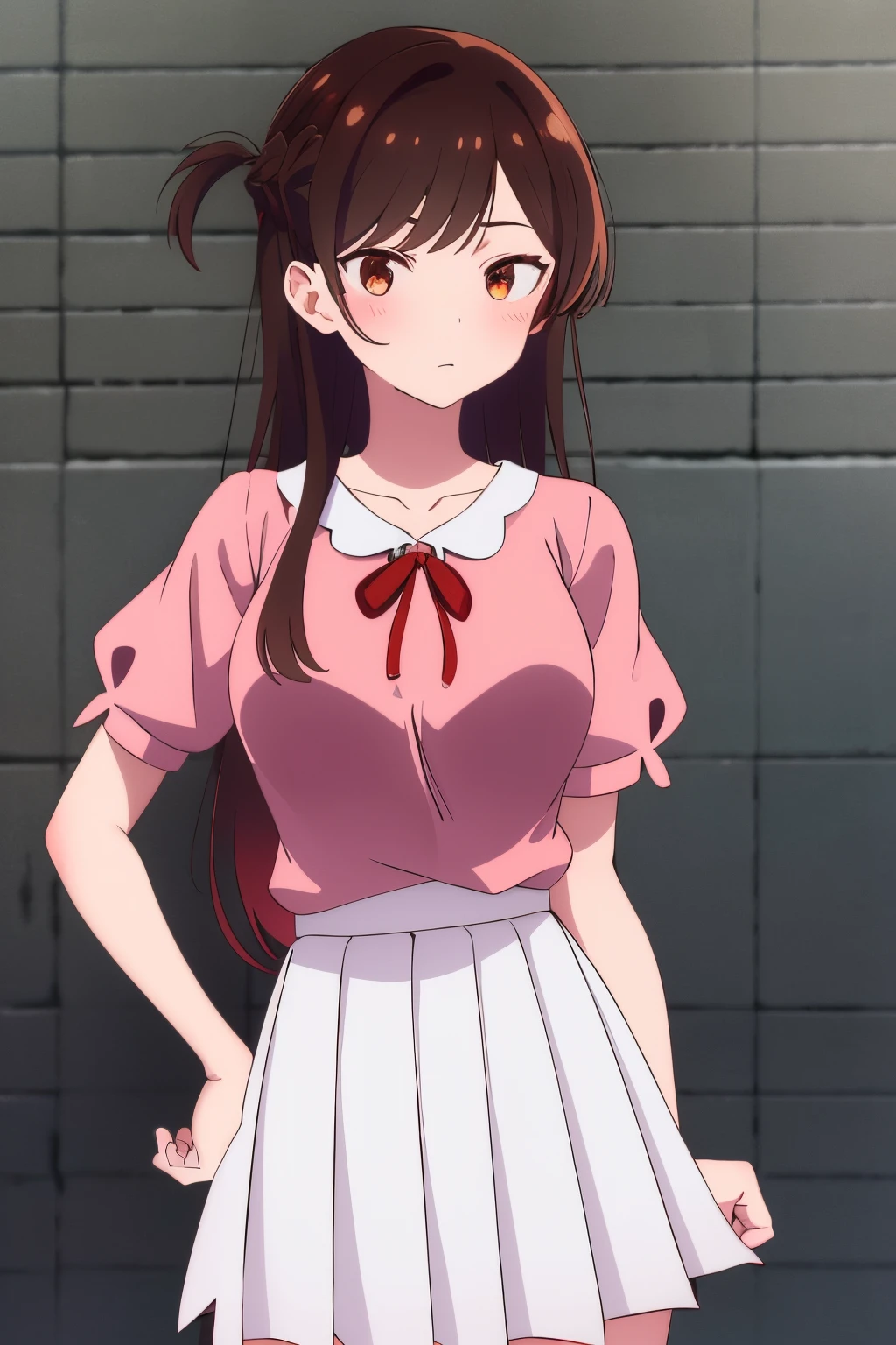 Masterpiece, Best Quality, High Resolutions, chi1, 1girl, single, Long hair, braid, one side up, only, white skirt, red ribbon, Pink shirt, pleated skirt, bangs, Neckband, short puffy sleeves , Cowboy shot, street, Hand on hip, large breasts, medium waist, wide hips, Medium thighs