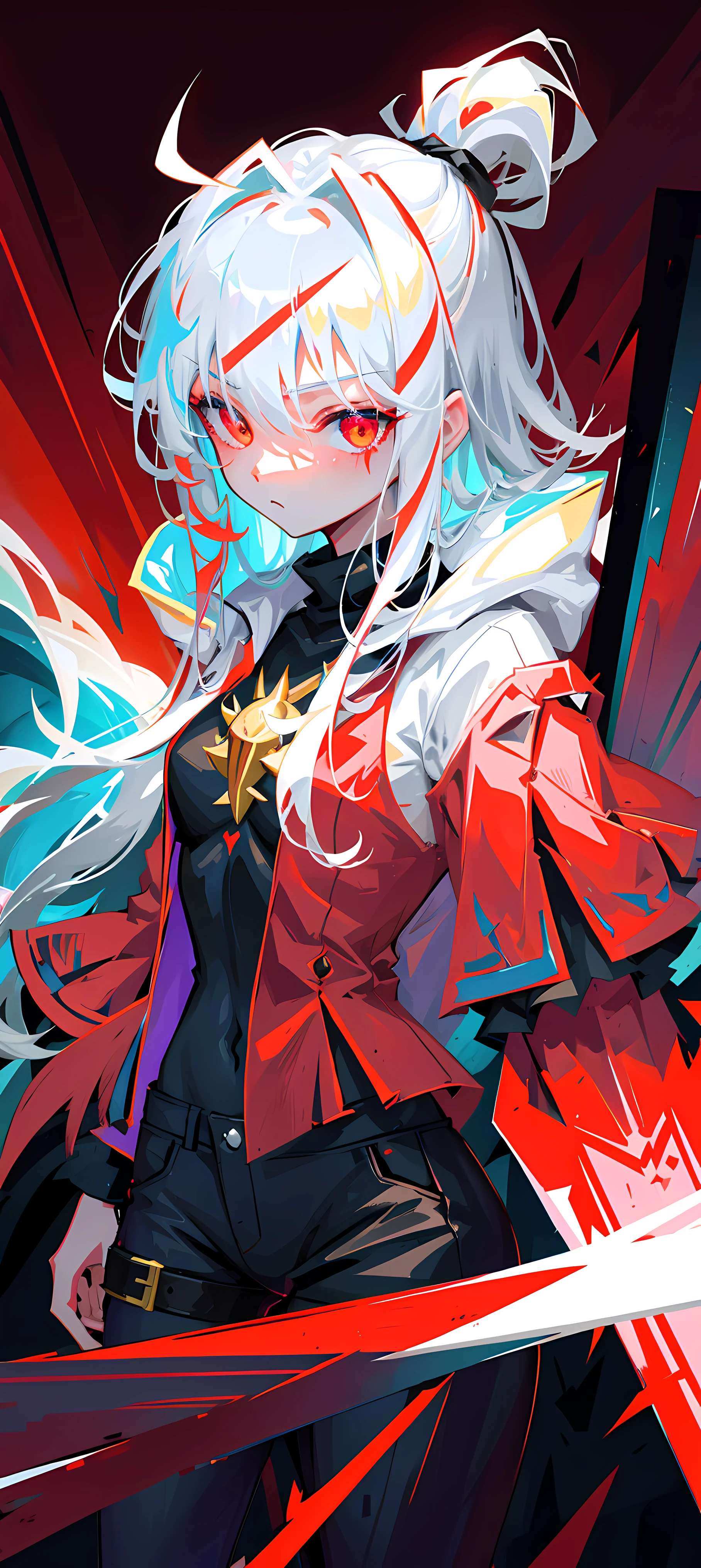 Intense catgirl barbarian holding an oversized magical spear with a long stylized red blade, blood smeared splattered and dripping, spiky video game armor, long wild silver hair, glowing red eyes, slim slender fit toned lean, beautiful and dangerous.