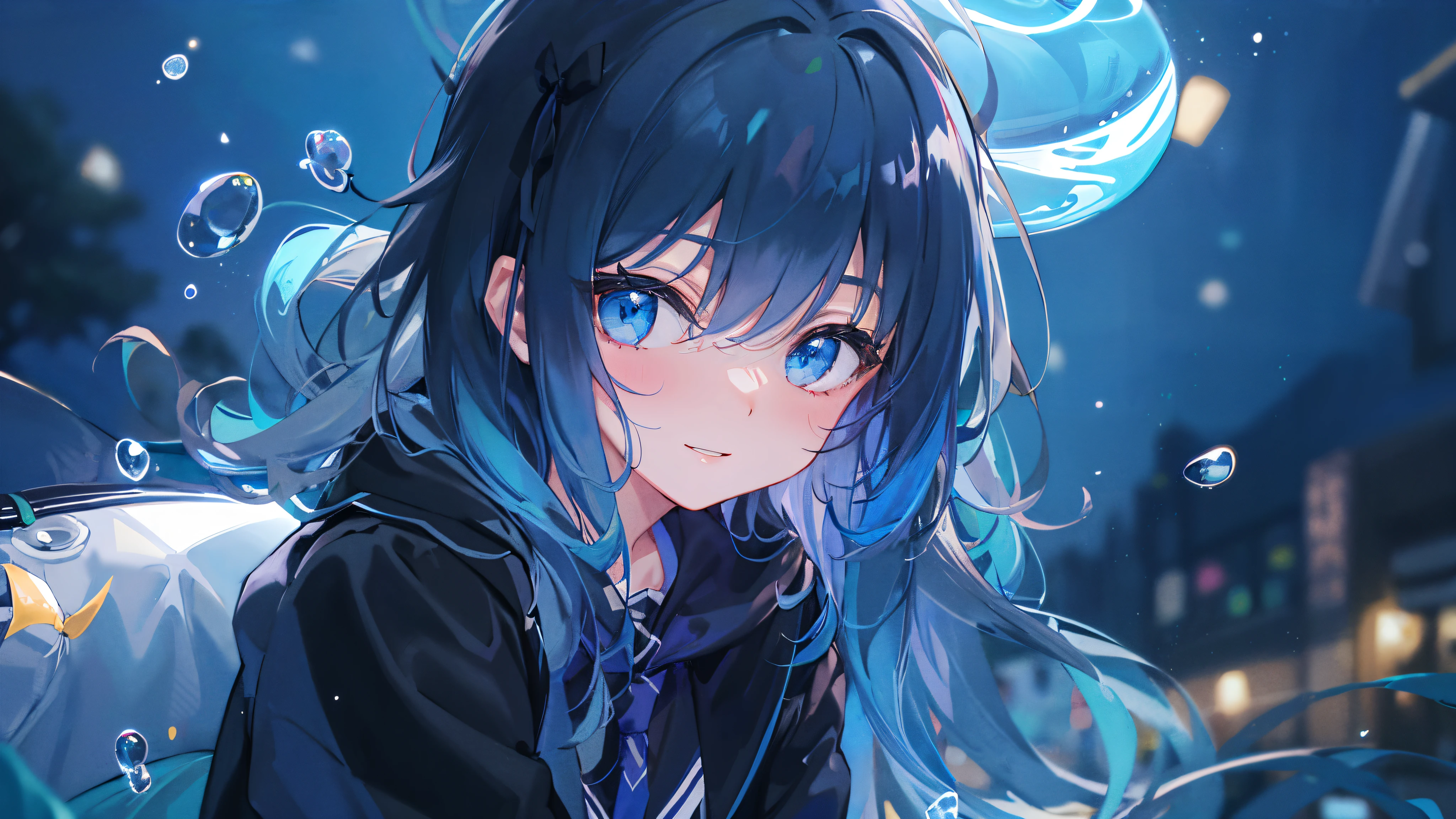 Anime girl with blue hair and blue eyes sitting on a bench - SeaArt AI