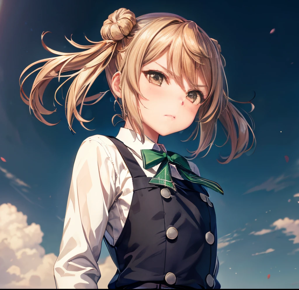 {{love live!}},{{masterpiece}}, {highly detailed}, ,(masterpiece, best quality:1.2), upper body, MichishioKC,{{on the destroyer}}, {{from below}}, angry, school uniform, pinafore dress, green ribbon, looking at viewer, small breast, long sleeve, anime nose