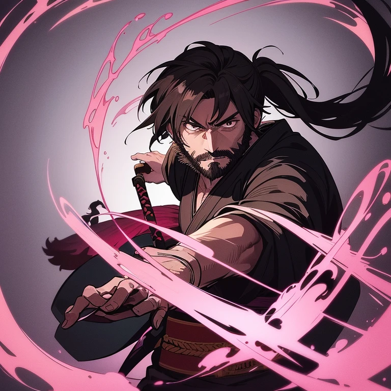 there is a man with a tiny beard and a demons slayer outfit, kentaro miura art style, anime handsome man, with a tiny beard and a black shirt, in an anime style, kentaro miura manga art style, anime portrait of a handsome man, ponytail and beard, high quality fanart, cel - shaded art style, anime style character, demon slayer outfit, pink outfit, kimono, flowered, kimono florido, 1 men, segurando uma katana, katana, katana em uma Mao