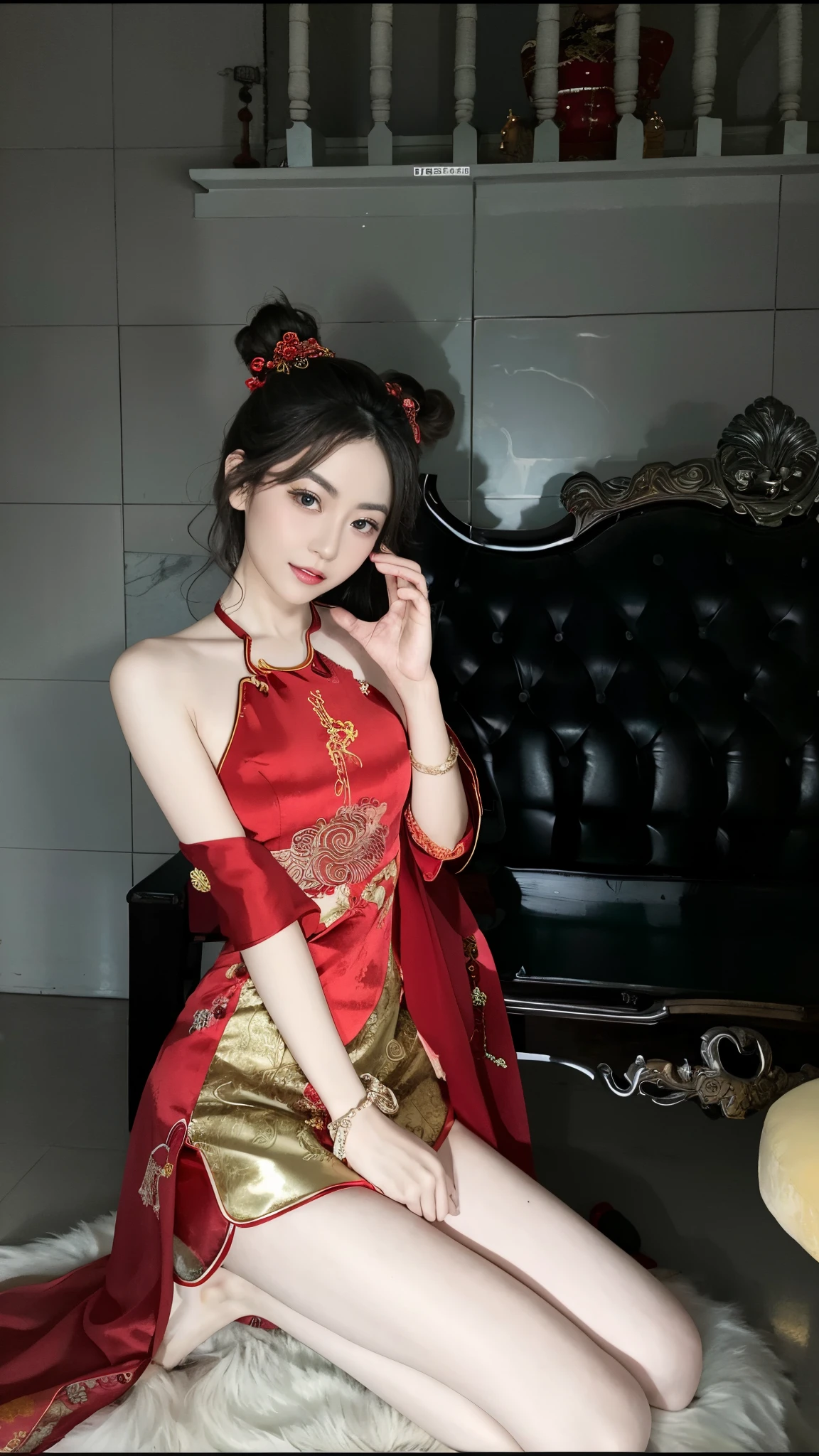 Araf woman in red dress sitting on sofa, wearing red cheongsam, Chinese outfit, Chinese, on cheongsam, Middle Metaverse, High quality clothing, Match with ancient Chinese costumes, full body xianxia, Chinese traditional, this custom, ChineseGirl, Anime girl role play, sha xi, gorgeous chinese models