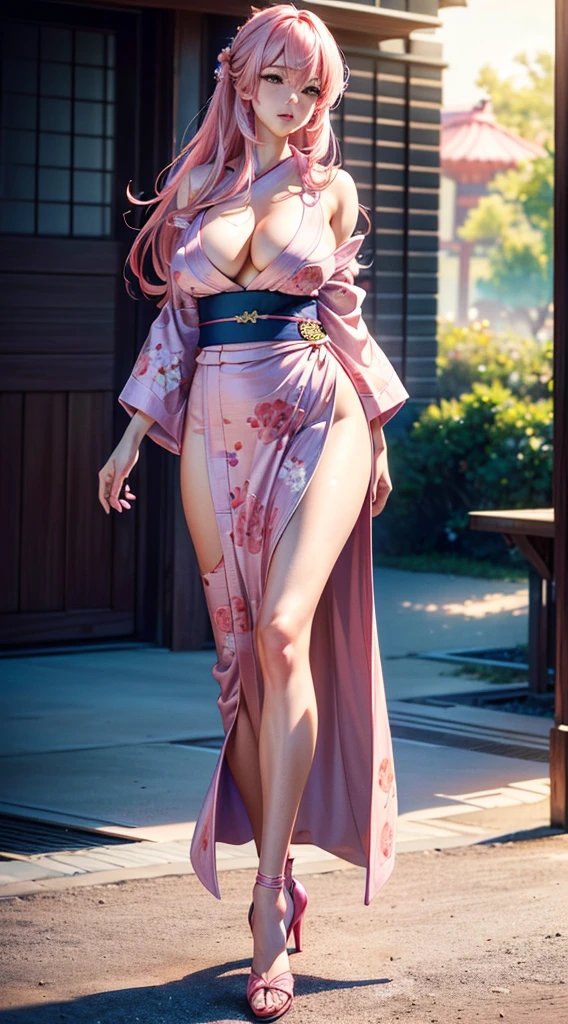 (best quality,4k,8k,highres,masterpiece:1.2),ultra-detailed,(realistic,photorealistic,photo-realistic:1.37),portrait,sexy woman,slender,large breasts,full body view,leg view,foot view,pink heels,pink colored hair,long hair,open yukata,semidressed