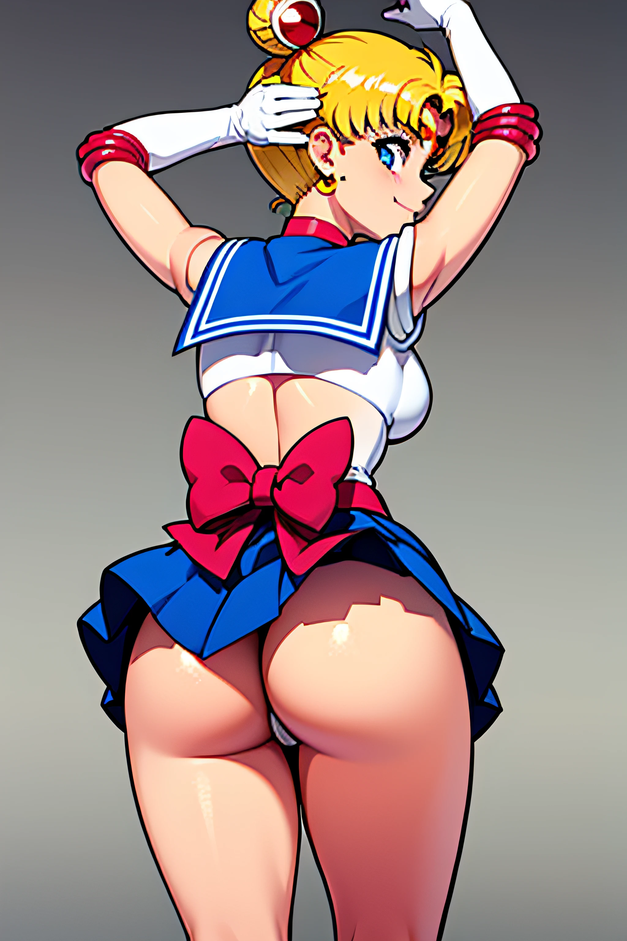 masterpiece, best quality, absurdres, perfect antomy, 1girl, solo, SMMoon, 1990s \(style\), blonde sailor moon, standing, smile, cowboy shot, sailor senshi uniform, sailor collar, blue skirt, elbow gloves, in back pose, show her booty, backwards, no thong big booty, ultra mini skirt ( BACK POSE, BACKWARD, SHOW HER BOOTY)