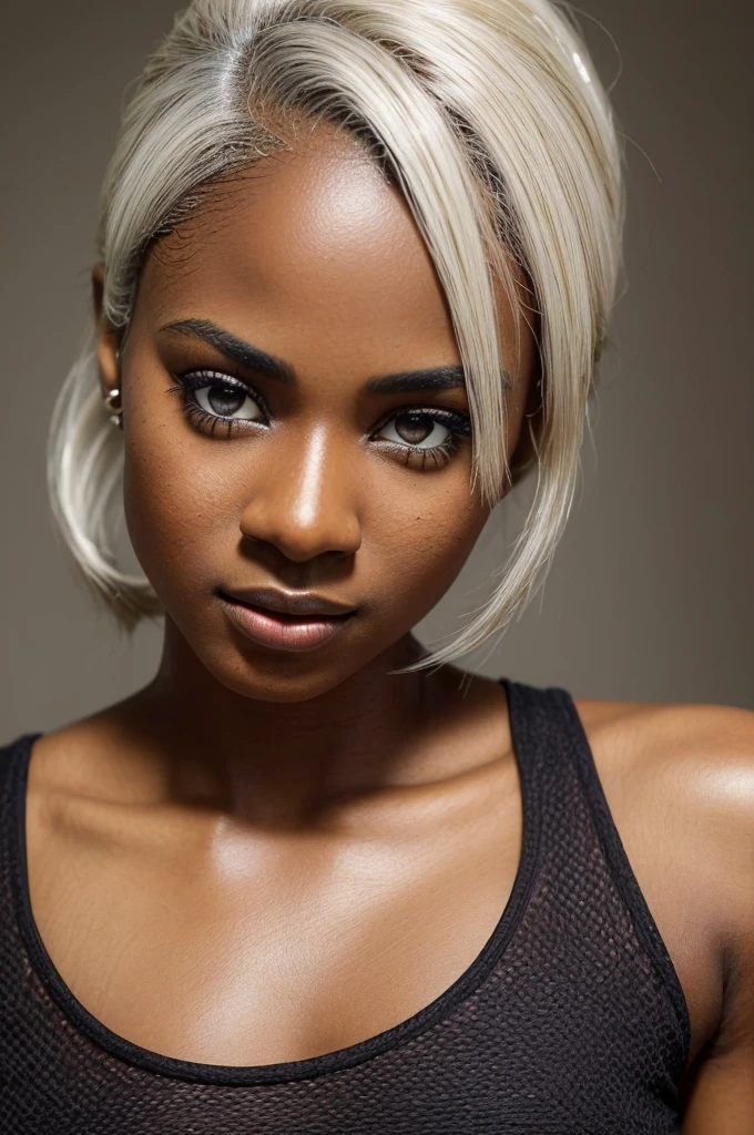A solo selfie of an attractive ((brown skin young woman ))she is beautiful and petite wearing a black tank top ((lifelike skin texture)) ((very detailed image )) she has a petite figure ((stunning eyes and a sharp nose)) a perfect ((blonde white hair)) UHD, a Masterpiece,Realistic textures,(( hyper-realistic)), 8k, photorealistic, XT3 grain,Fujifilm((ines c dos santos))