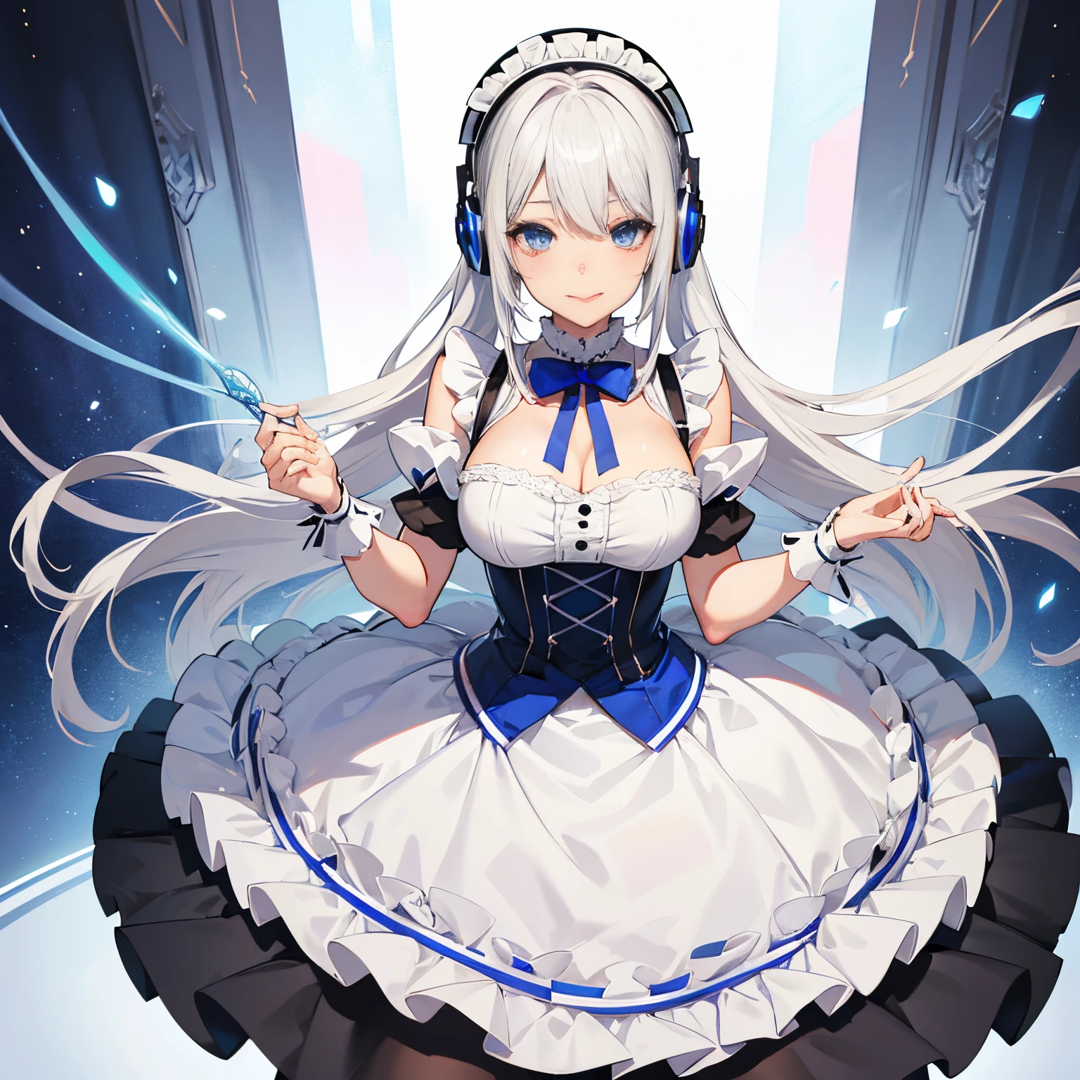 "anime girl, 1 person, silver-white hair mixed with blue, blue eyes, wearing headphones, maid outfit, lolita maid, big breasts, stockings, standing cross-legged, serving, licking lips, perspective tilted, (full HD 4K+ image)"