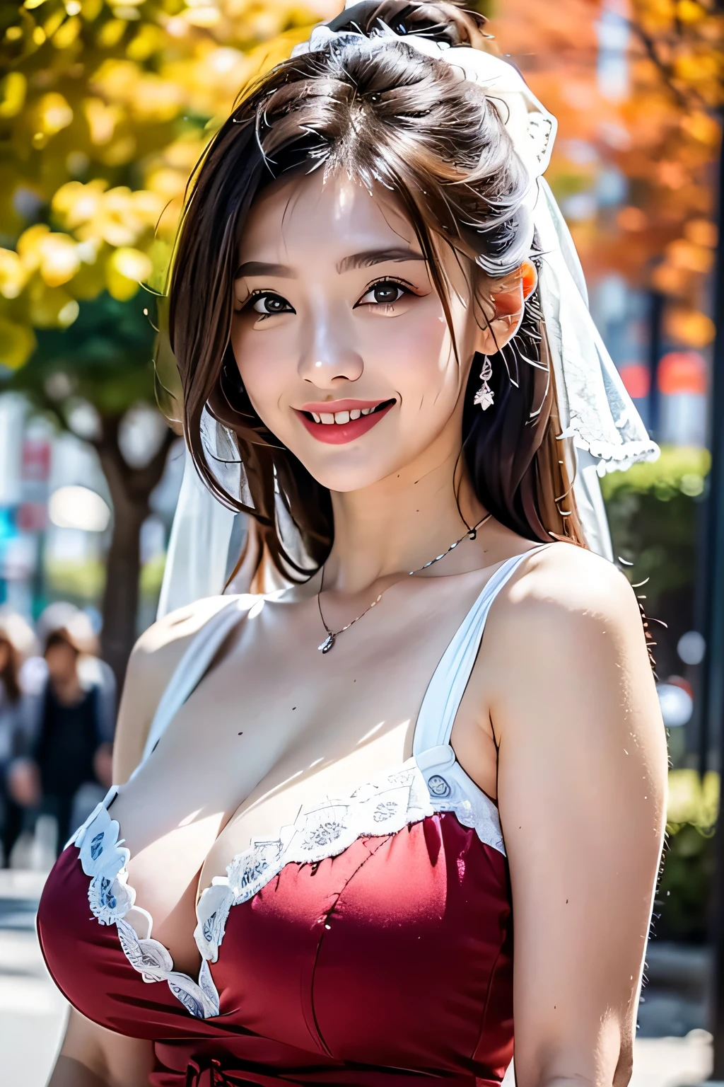 ((The Ultimate Beautiful Japan Married Woman))、Mature、Beautiful facial features、(Big eyes:1.3), Brown-eyed、Detailed lips, inely detailed beautiful eyes, Double eyelids, long eyeslashes、(Huge breasts), (Curve), cparted lips, Beautiful teeth alignment, red blush, a captivating gaze、Seductive smile, (brunette hair up), (Sexy short silk dress with perfect fit), Futomo, sexy  pose, In-depth background, Background with: (A tree in the park with beautiful autumn leaves々)、Realistic backgrounds and accessories、((Cowboy Shot))、(Advanced depth of field)、((​masterpiece))、((top-quality))、a picture、Realisticity、Photorealsitic、high-level image quality、ultra-detailliert、Realistic lighting, realisitic