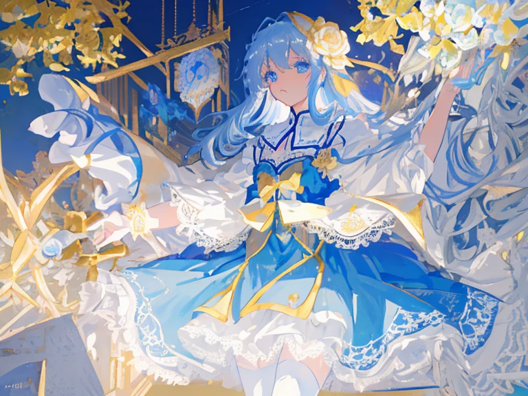 tmasterpiece, Best quality at best, ultra - detailed, illustratio, closeup cleavage, direct, Face focus, 1个Giant Breast Girl,light blue long hair,A small golden flower ornament, eBlue eyes, with a calm expression, white  shirt, looking at viewert, Lace tights,