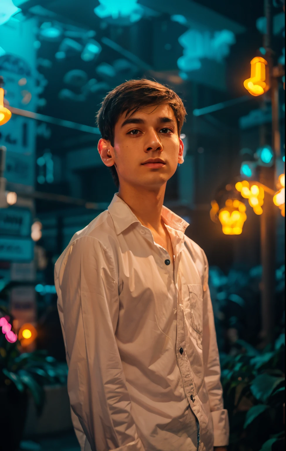 Boy with futuristic night City background neon light realistic face