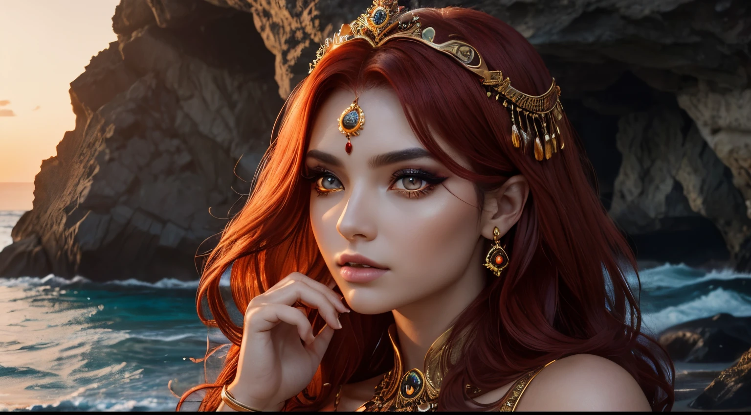 (hiquality, Ultra detailed at your fingertips ), ( Attentive Hand ), zodiac sign - goddess Aries, Similar to Latin goodness, Brave, Willful, productive, An enterprising and humane face, moody, impulsive, impatient, Assertive style, Sunset reddish hair, transparent dress , in the ocean with the sun, Whole body, Crystal Fire Eyes ( The eye is detailed ), powerful, Powerful Makeup, Goddess of Fire.