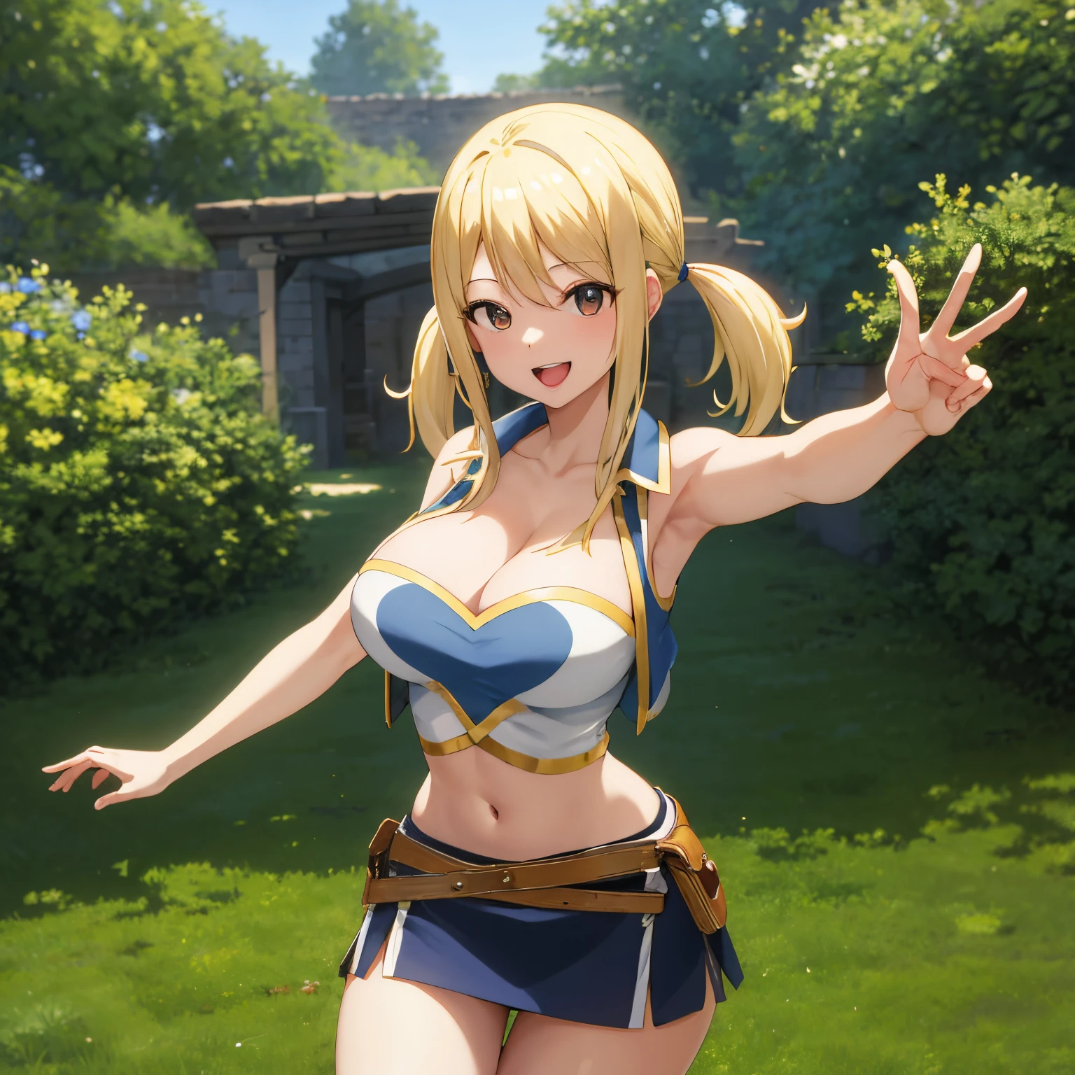 masterpiece, top-quality, hight resolution, Lucy Heartphilia, blonde hair, length hair, large full breasts, white shirt, Sleeveless, a belt, a blue skirt, looking at the viewers, A smile, open open mouth, free pose