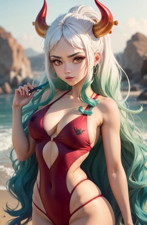 demon girl, Garota de anime com cabelos brancos com as pontas verde claro e roupas pretas posando nua, Artgerm extremamente detalhada, arte de anime digital detalhada, red swimsuit, decote, peitos grande, saia curta branca mostrando a calcinha vermelha