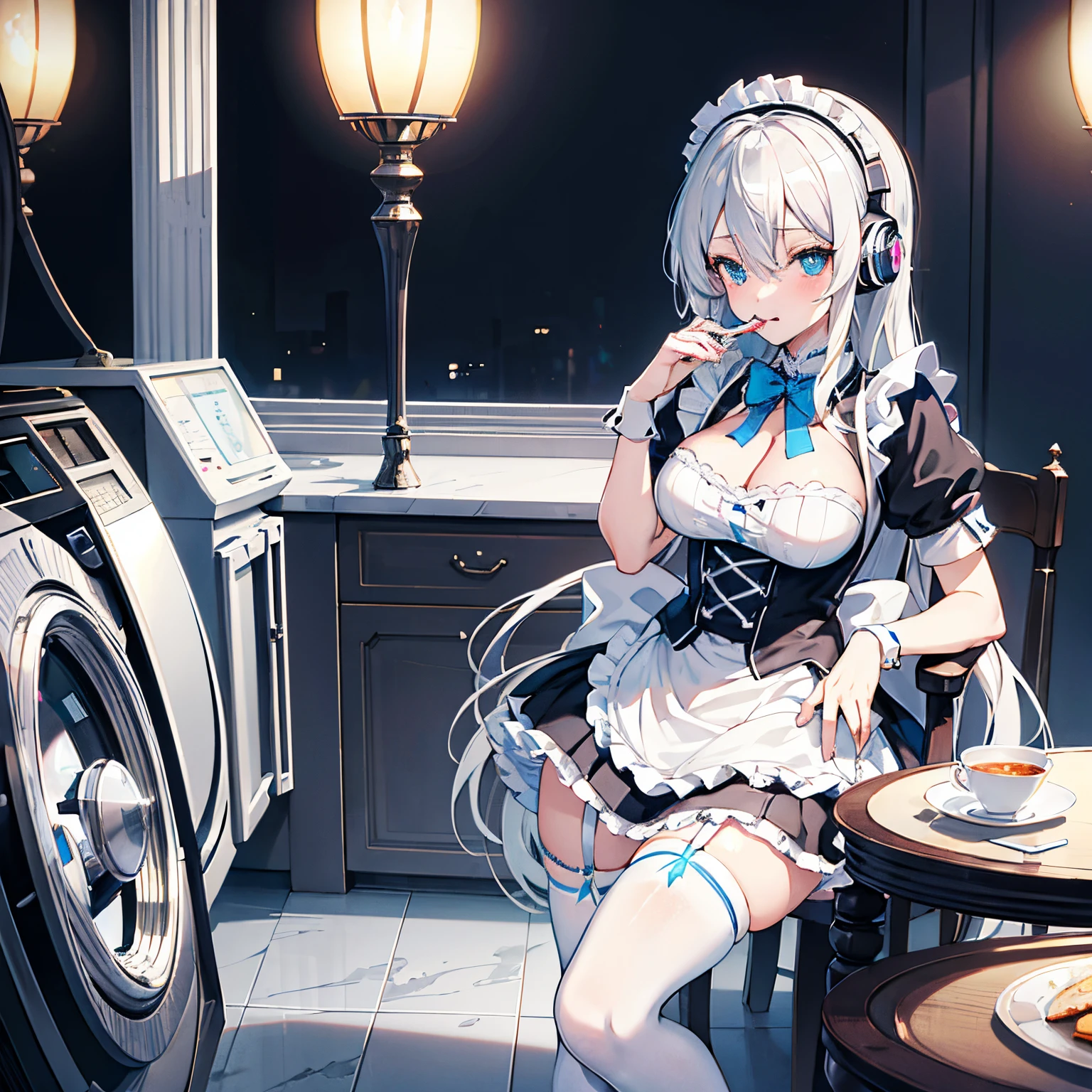 "anime girl, 1 person, silver-white hair mixed with blue, blue eyes, wearing headphones, maid outfit, lolita maid, big breasts, stockings, standing cross-legged, serving, licking lips, perspective  tilted, (full HD 4K+ image)"