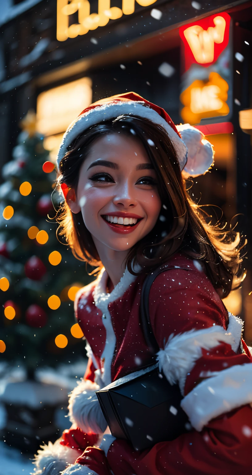 Christmas red Santa dress outfit, snow background, Christmas trees background, amazing Christmas lights, big smile, Christmas gifts, 8k cinematic, volumetric lighting, light sparkles particles