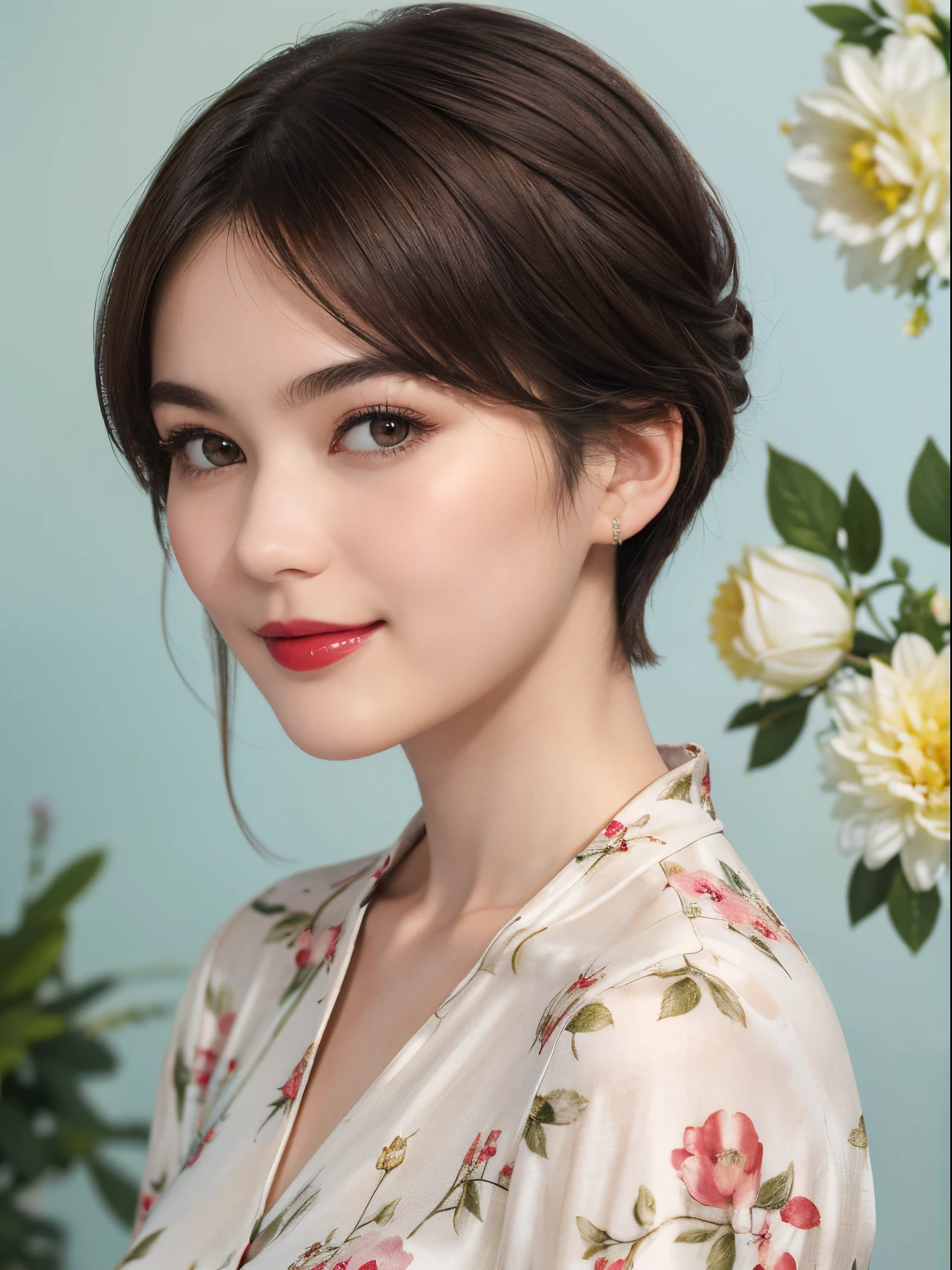 109
(a 20 yo woman,is standing), (A hyper-realistic), (high-level image quality), ((beautiful hairstyle 46)), ((short-hair)), (Gentle smile), (Keep your mouth shut), (lipsticks), (breasted:1.1), Floral clothing