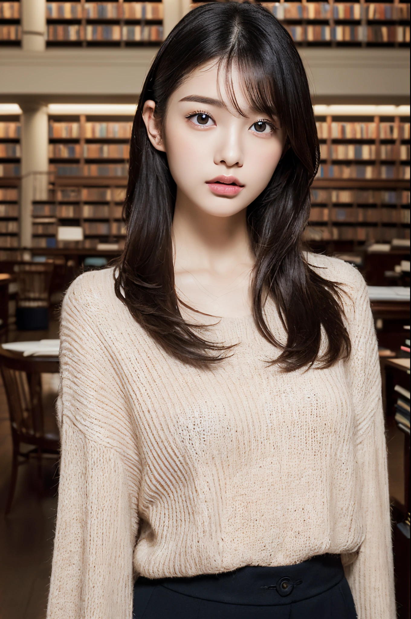 (Highest Quality,realisitic,Photorealsitic,extremely delicate and beautiful,Highly detailed,finely detail,ultra-detailliert,hight resolution:1.3),japanes, femele、(sixteen years old)、Viewer's Perspective ((Beautiful and shiny straight semi-long hair))、Bangs are parted in the middle Embarrassed look ((Half-open lips)),(Beautiful fece:1.2) (kawaii:1.3) front facing ((Half-open lips)),Beautifully groomed hair ((The background is inside a very fashionable luxury library at night:1.3)),((Accurate and detailed human body:1.3)) ((Fashionable Trending Fashion)) ((fashion modell:1.3)),Gravure model for fashion magazine Very classy ((Intellectual))、((Slightly thicker dark brown cashmere sweater))long skirt Inside a beautiful high-end library ((Sit at a high-end desk and a high-end chair and read a chunky book))((The gaze is directed to the book))((Highly detailed and super high quality, Highly realistic and detailed facial reproduction:1.3)((sixteen years old))