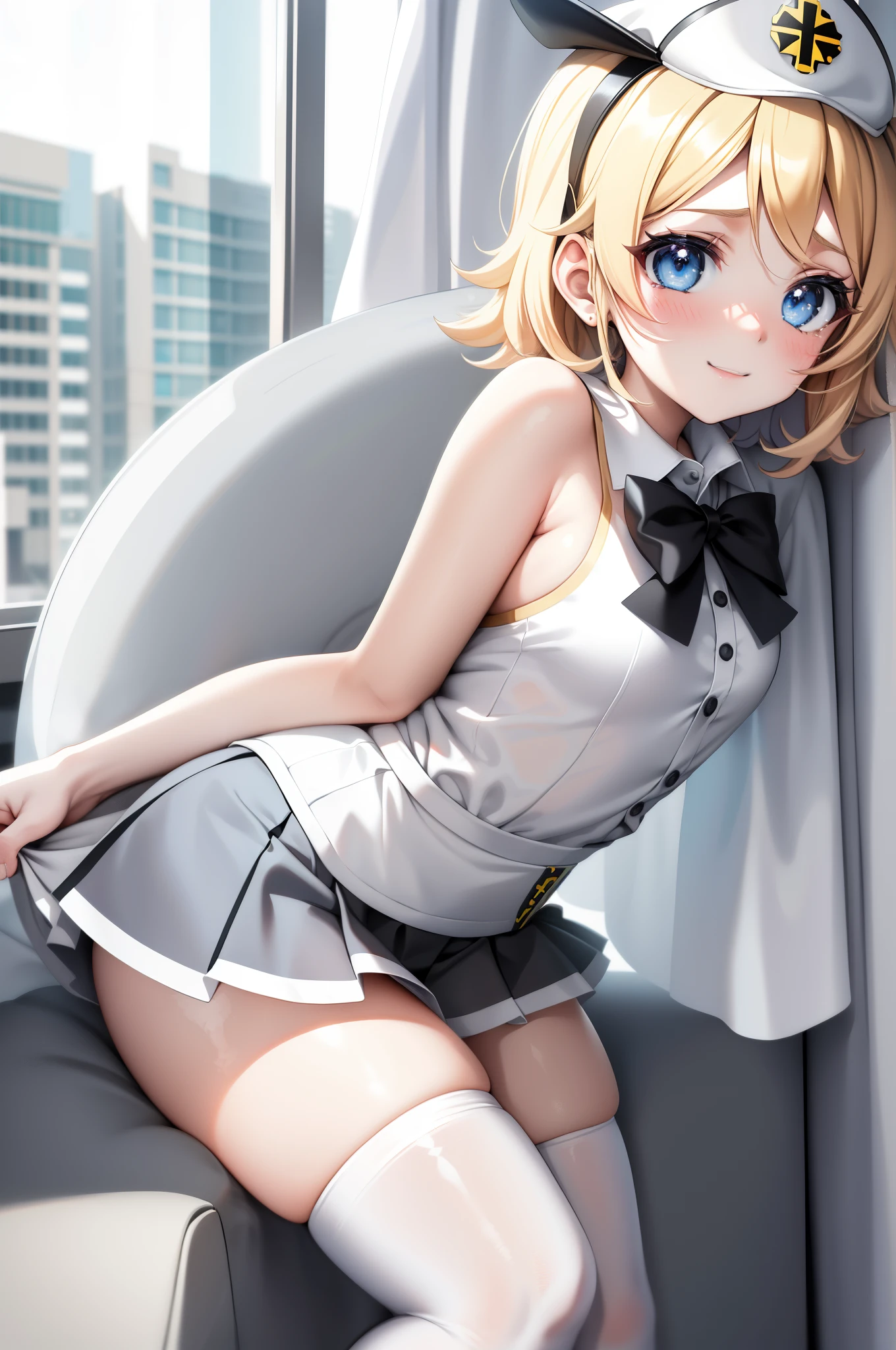 Kagamine rin , 1girl, traje de enfermera, Gorra de enfermera, Desgaste blanco, ((Legwear blanco, Zettai Ryouiki)), Guantes blancos, cabello rubio, ojos azules, labios rosados, They are smiling, En pie, ((hospital room)), sharp outline, manga corta, La mejor calidad, Obra maestra