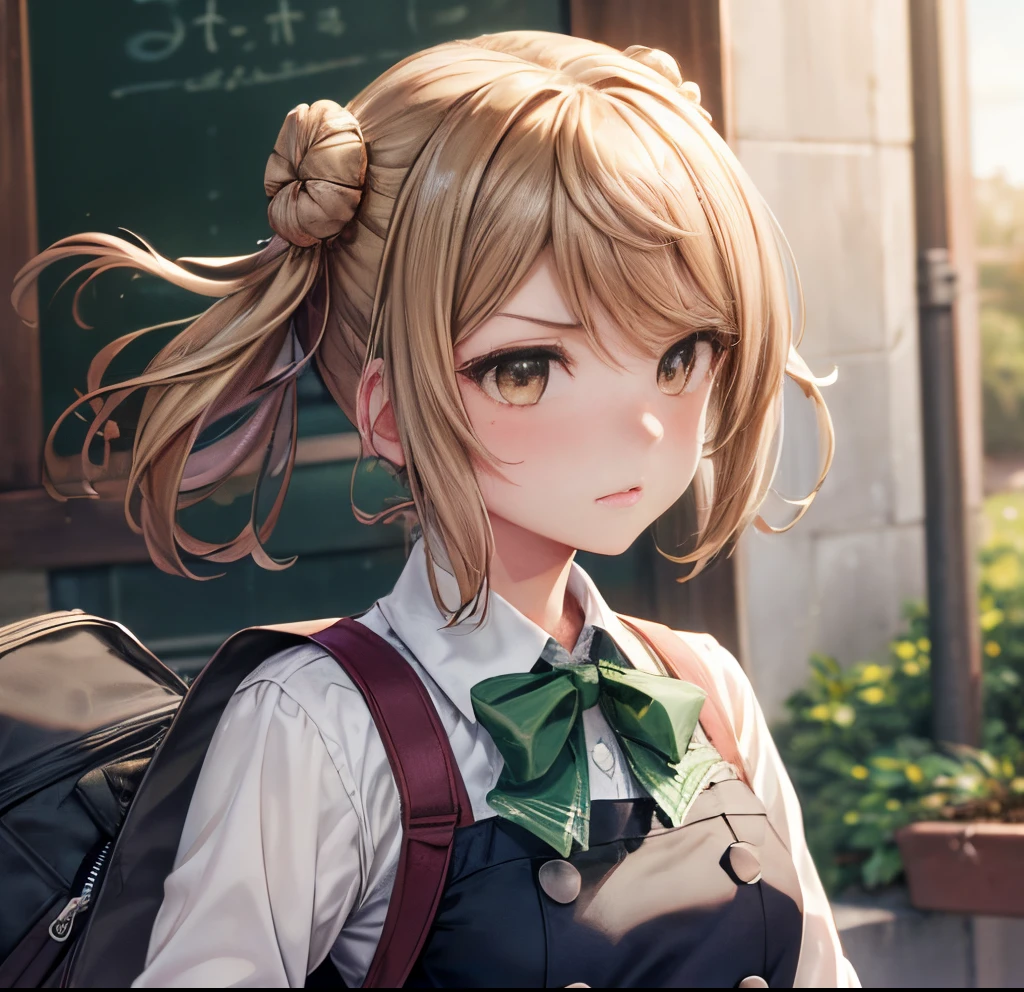 {{love live!}},{{masterpiece}}, {highly detailed}, ,(masterpiece, best quality:1.2), upper body, MichishioKC,{{on the destroyer}}, {{from below}}, angry, school uniform, pinafore dress, green ribbon, looking at viewer, small breast, long sleeve, anime nose