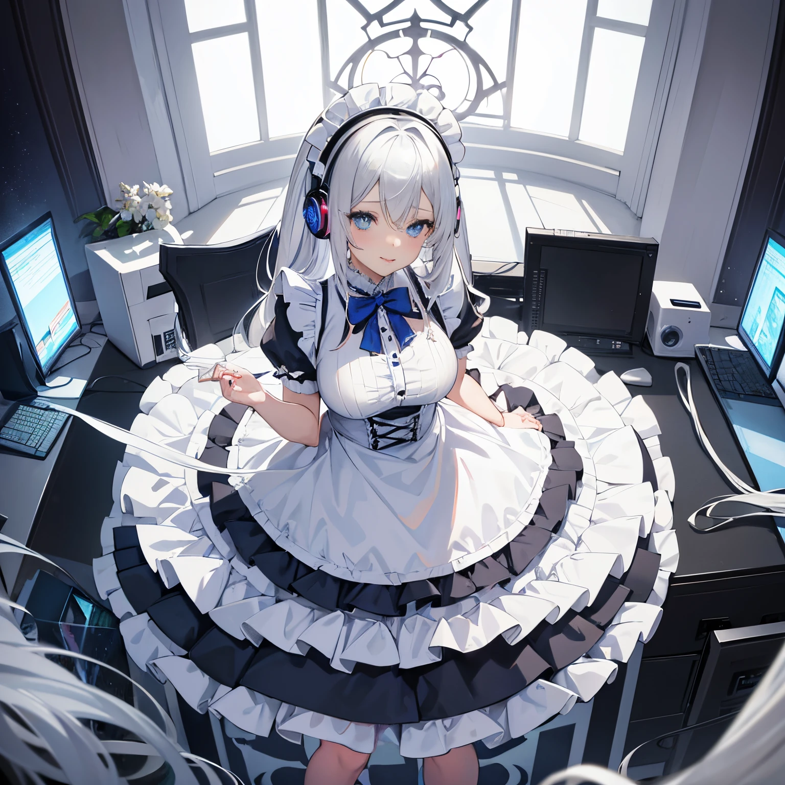 "anime girl, 1 person, silver-white hair mixed with blue, blue eyes, wearing headphones, maid outfit, lolita maid, big breasts, stockings, standing cross-legged, serving, licking lips, perspective  tilted, (full HD 4K+ image)"