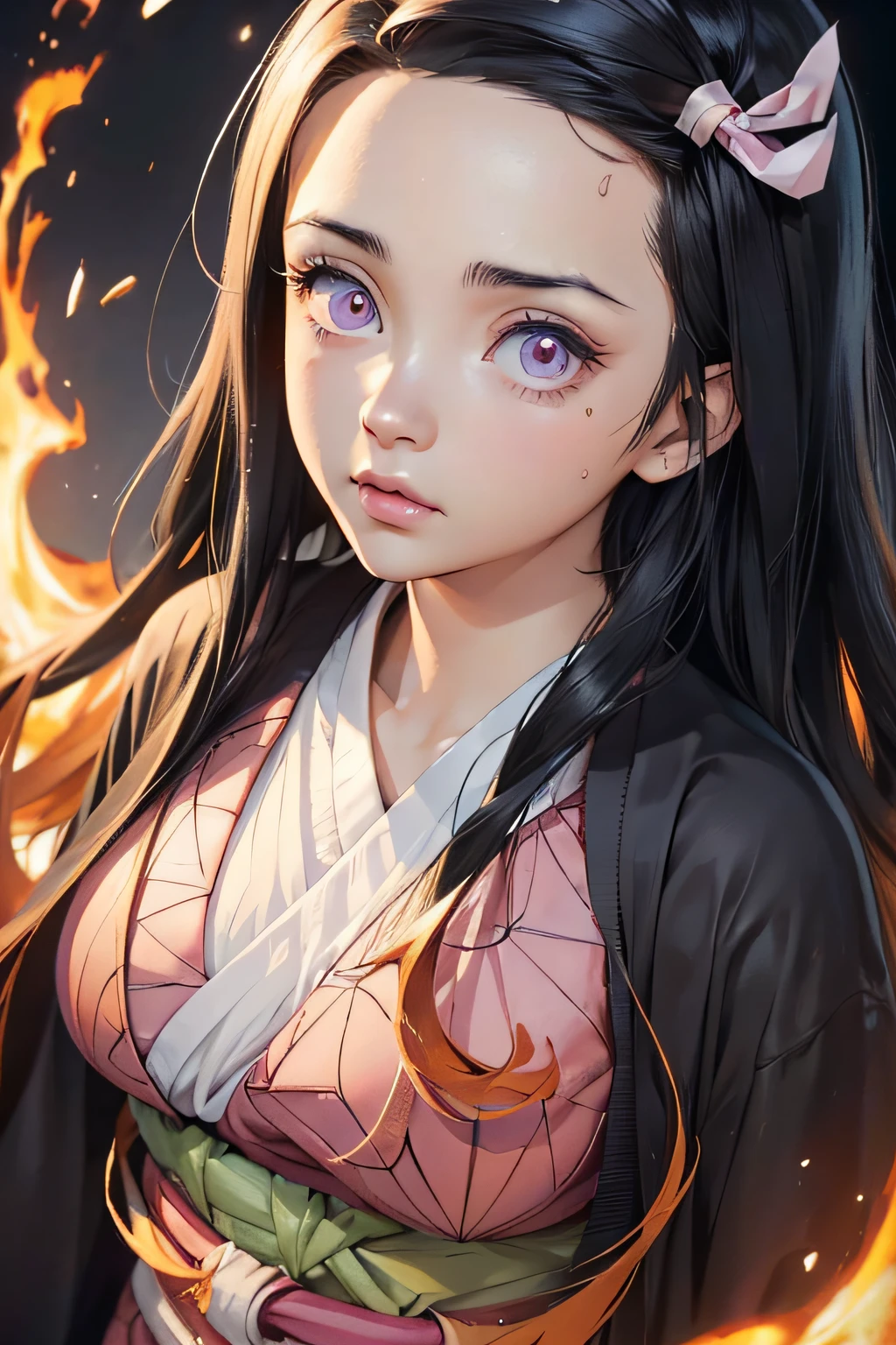 (Ultra Real), (Illustration), (High Resolution), (8K), (Very Detailed), (Best Illustration), (Beautiful Detailed Eyes), (Best Quality), (Ultra Detailed), (Masterpiece), (Wallpaper), (Detailed Face), Night Up Upper Body, Ice Cream,Long Hair,Solo,Simple Kimono Top Girl, Sweaty, Japan Person, Big Tits, (fire) Nezuko Kamado,