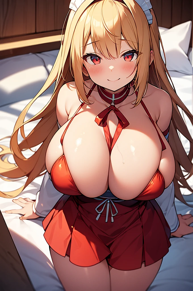 Masterpiece, Best quality, 1girl, gigantic Huge breast, completelly layed on a bed, foreground, lots of sunlight, Cute big beautiful red and orange fire like eyes, Blushing super happy face, excited, huge smile, half open eyes, beautiful and cute face, Wear white micro top, sleeveless, wear maid white micro mini bikini, short micro white thong, Very visible cleavage, very marked nippes, very long blonde hair, little bit wet body, super cute face, young girl, micro waist, big hips, short, both opened arms, visible hands, no extra arms, no extra legs