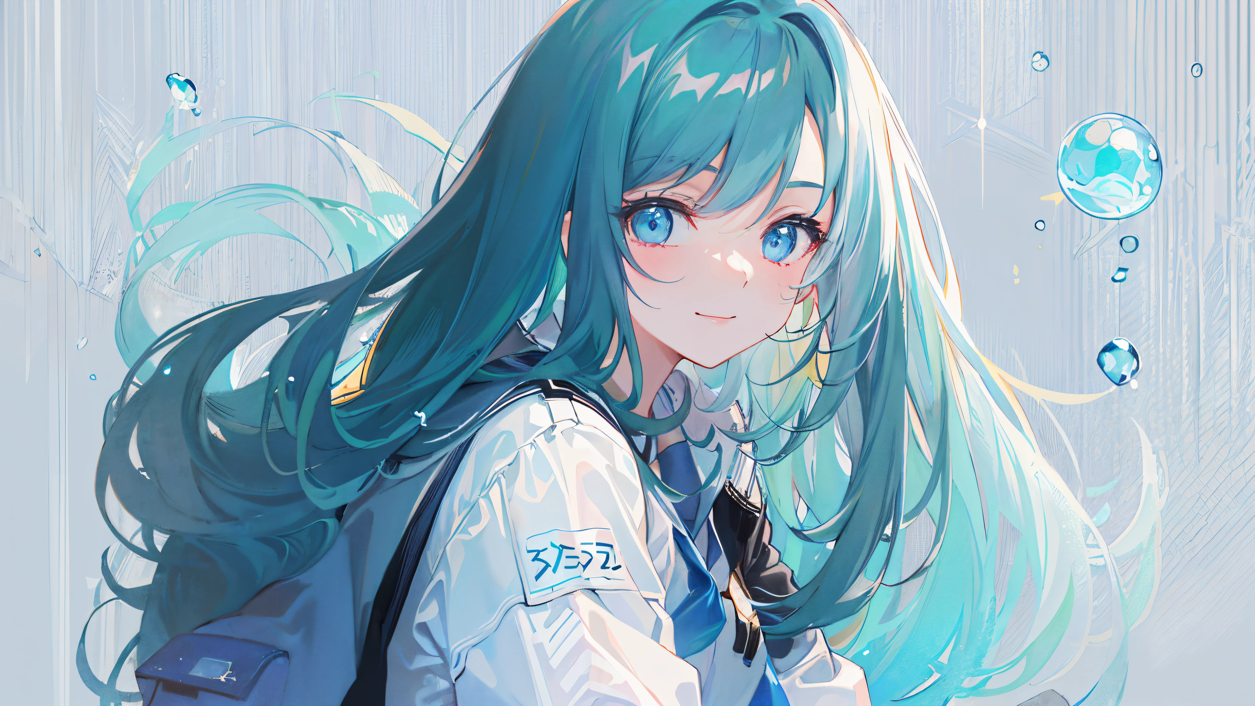 ((top-quality)), ((masterpiece)), ((ultra-detailliert)), (extremely delicate and beautiful), girl with, 独奏, cold attitude,((Black jacket)),She is very(relax)with the(Settled down)Looks,A dark-haired, depth of fields,evil smile,Bubble, under the water, Air bubble,bright light blue eyes,Inner color with light blue hair and dark blue tips,Cold background,Bob Hair - Linear Art, shortpants、knee high socks、White uniform like school uniform、Light blue ribbon ties、Clothes are sheer、Hands in pockets
