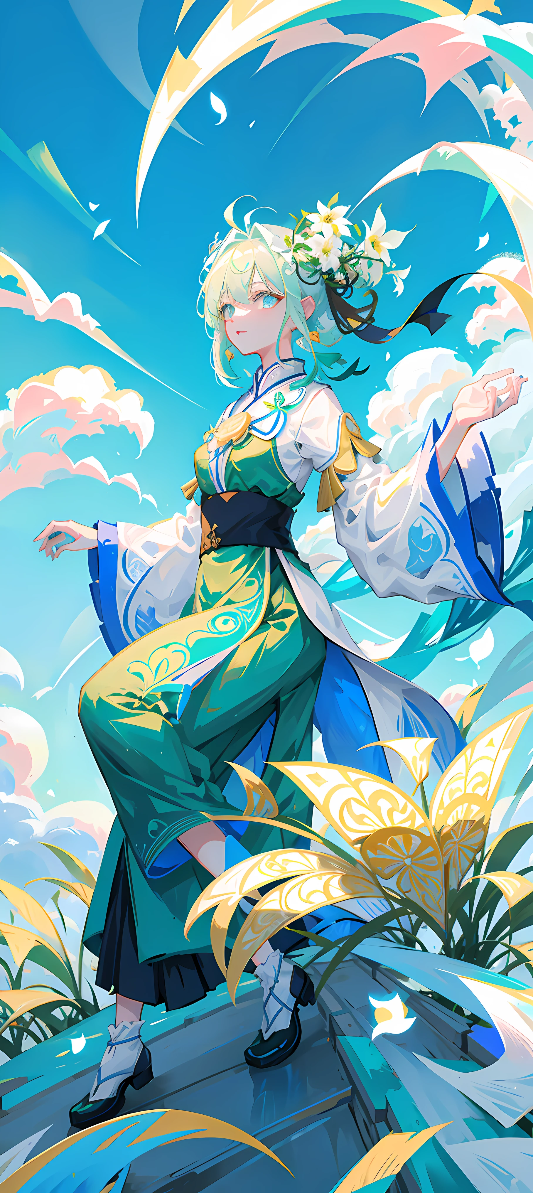 Mature girl , green pupils, blue-white hair color, floating hair, delicate and flexible eyes, intricate damask Hanfu, gorgeous accessories, wearing pearl earrings, fov, f/1.8, masterpiece, ancient Chinese style architecture, blue sky, flower petals flying, front portrait shot, Chang'e, side lighting, sunlight on people, 8K