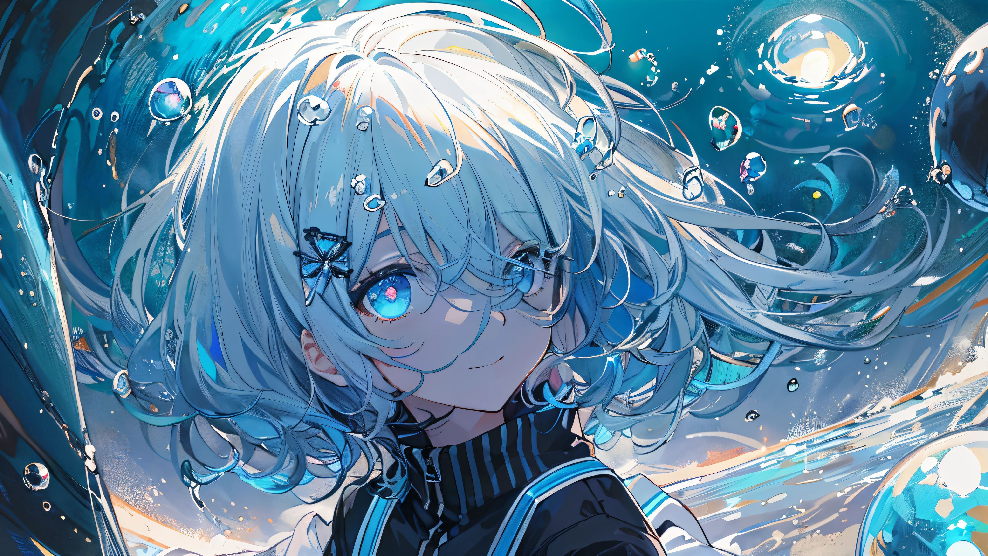 ((top-quality)), ((masterpiece)), ((ultra-detailliert)), (extremely delicate and beautiful), girl with, 独奏, cold attitude,((Black jacket)),She is very(relax)with the(Settled down)Looks,A dark-haired, depth of fields,evil smile,Bubble, under the water, Air bubble,bright light blue eyes,Inner color with light blue hair and dark blue tips,Cold background,Bob Hair - Linear Art, shortpants、knee high socks、White uniform like school uniform、Light blue ribbon ties、Clothes are sheer、Hands in pockets