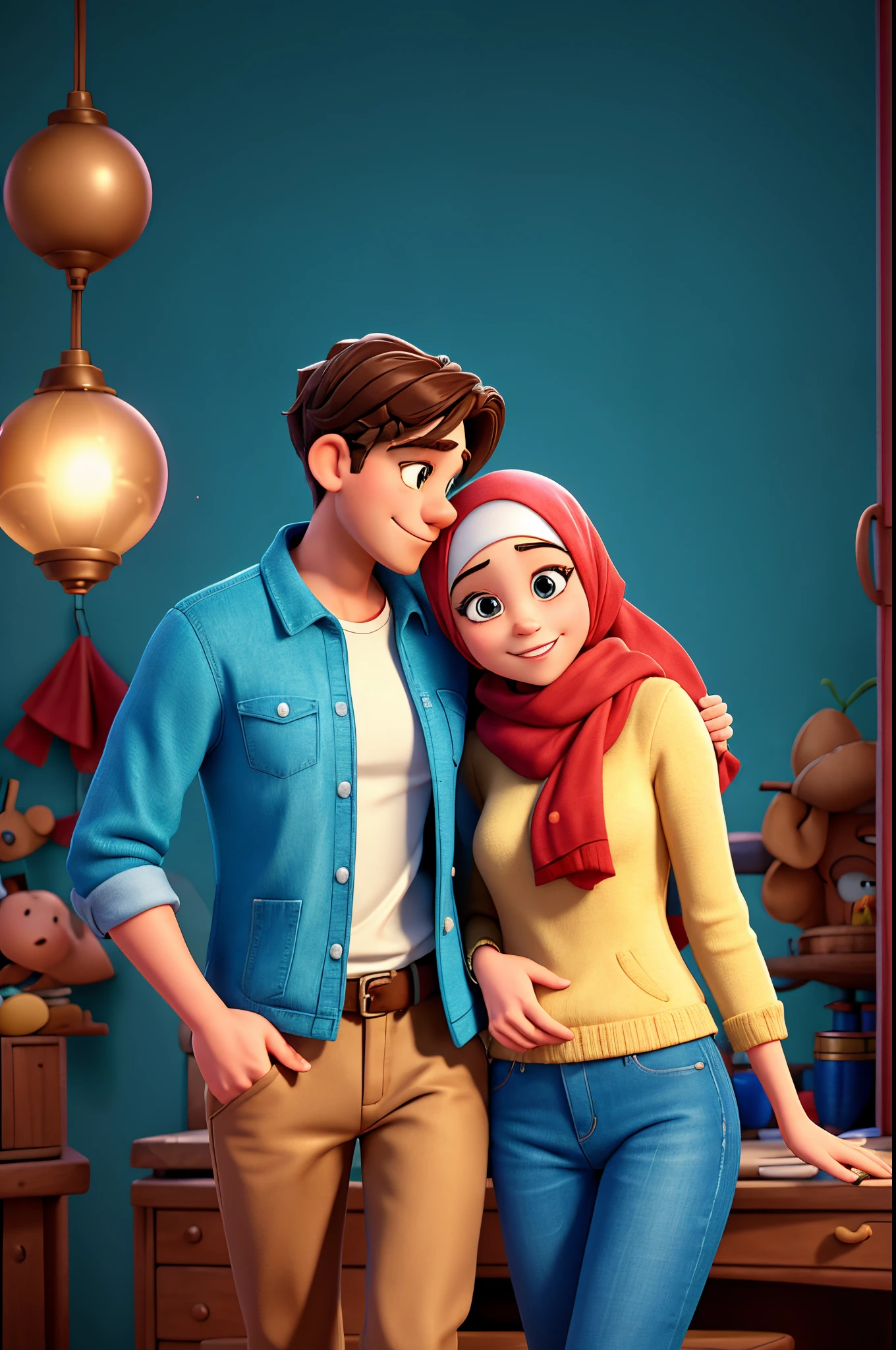 (disney art style, 3d characters) there is a man and woman standing together in a studio, couple, full protrait, couple pose, happy couple, couple portrait, couples portrait, lovely couple, casual photography, protrait, portrait n - 9, mid shot portrait, full device, in love, official product image, portrait image, casual pose, with ivy, 3 / 4 portrait, mid portrait, hijab girl