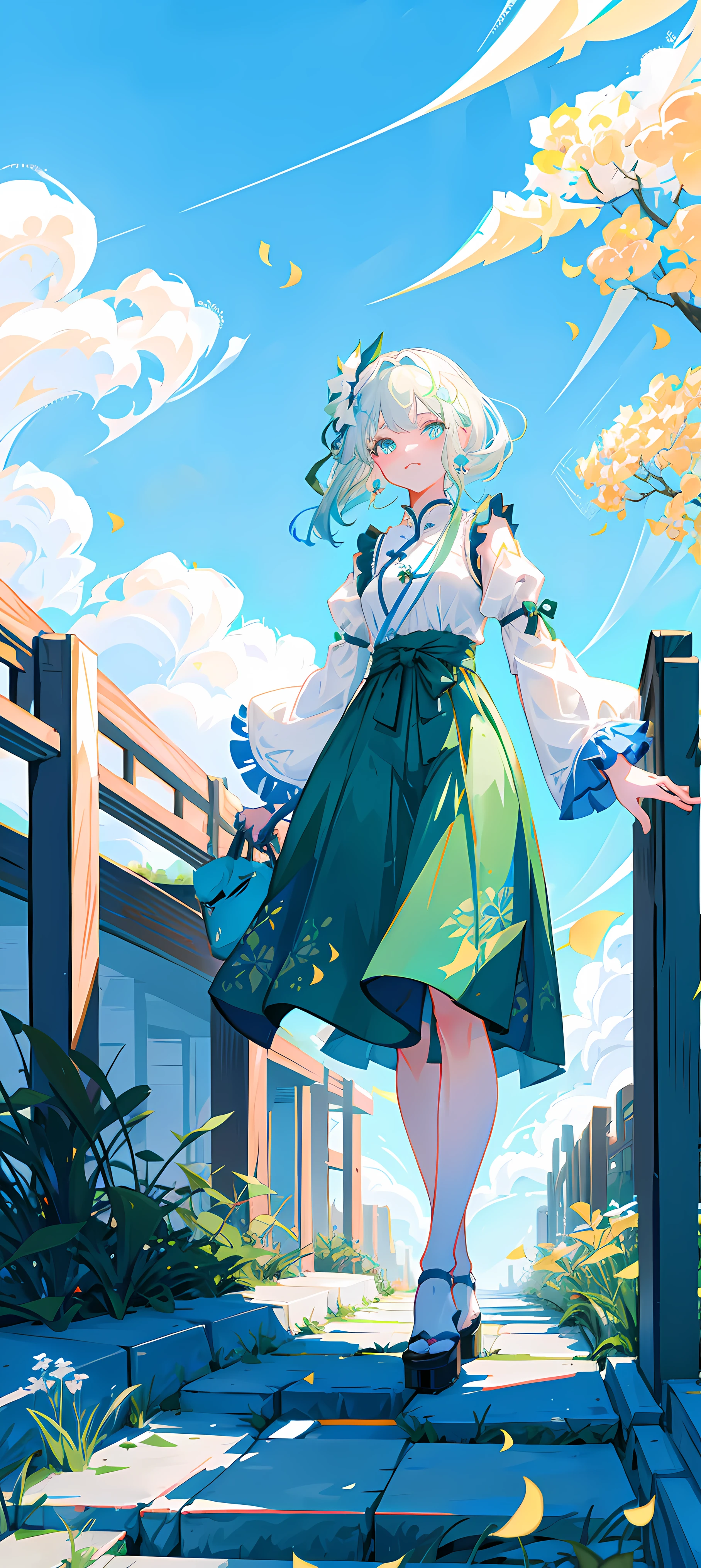 Mature girl , green pupils, blue-white hair color, floating hair, delicate and flexible eyes, intricate damask Hanfu, gorgeous accessories, wearing pearl earrings, fov, f/1.8, masterpiece, ancient Chinese style architecture, blue sky, flower petals flying, front portrait shot, Chang'e, side lighting, sunlight on people, 8K